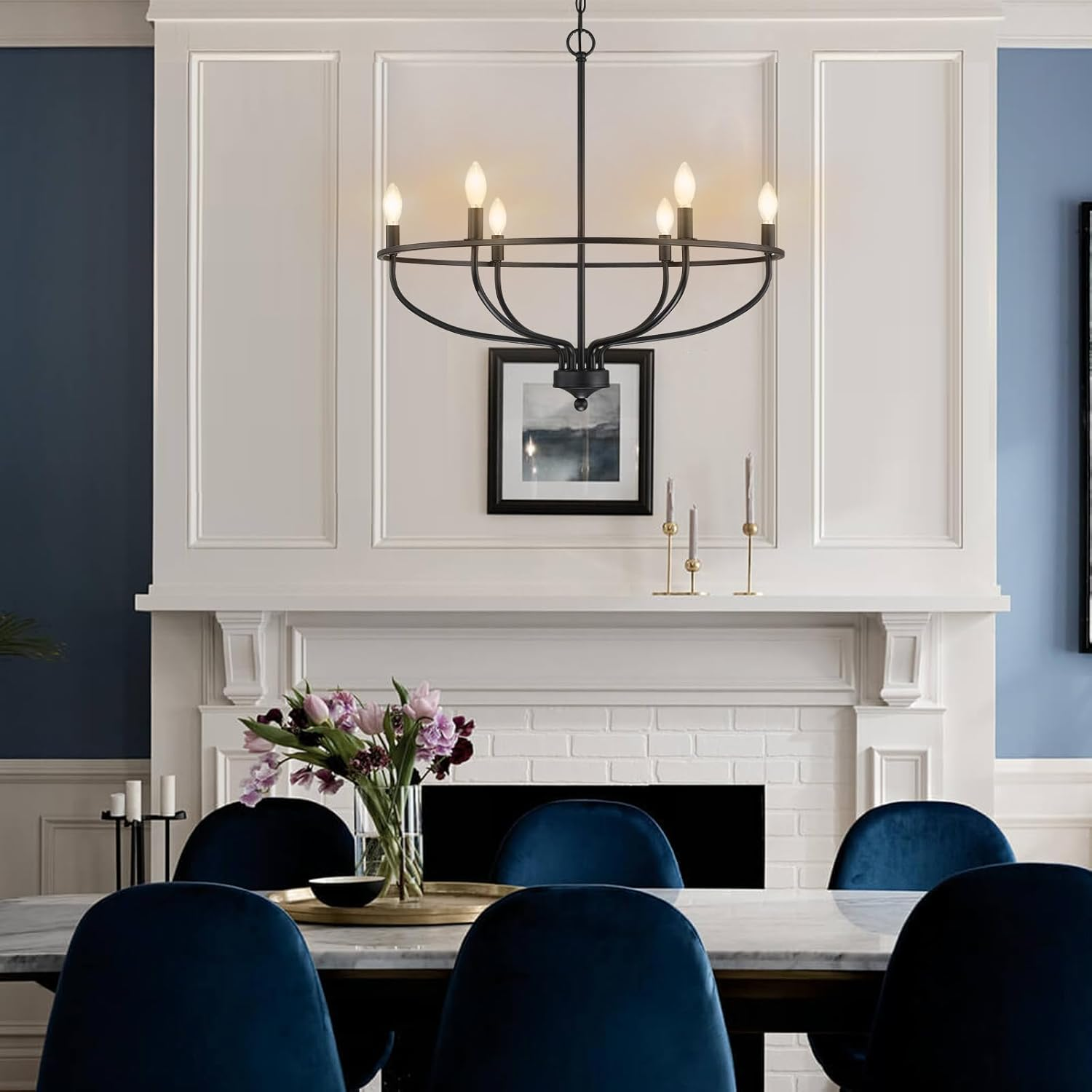 USOR 6-Light Black Chandelier Vintage Candle Farmhouse Iron Pendant Ceiling Light Fixture Wagon Wheel Chandelier over Table for Dining Room Living Room Kitchen D72.5Cmxh65Cm E14 Bulbs Included image number 2