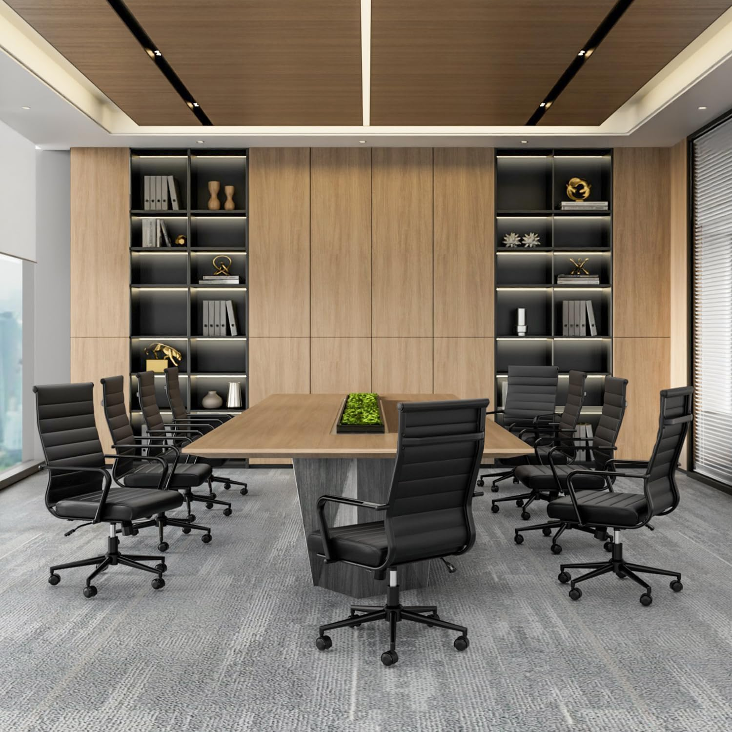 Okeysen Office Desk Chair, Ergonomic PU Leather Modern Conference Room Chairs, Executive Ribbed Height Adjustable Swivel Rolling Chair for Home Office (Black with Black Frame) image number 5