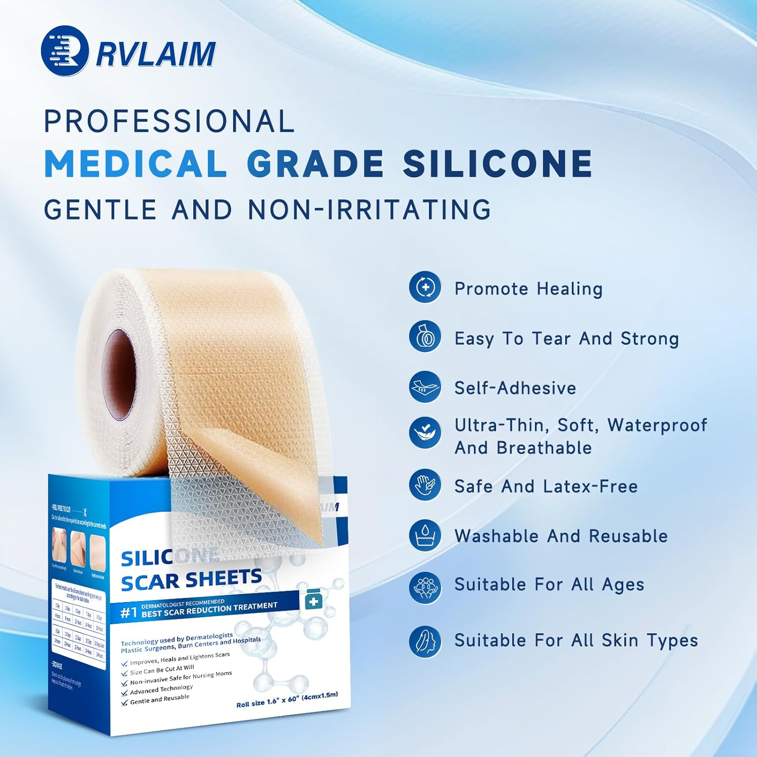 Silicone Scar Sheets, Silicone Scar Tape(1.6&rdquo; X 60&rdquo; Roll 1.5M), Silicone Scar Sheets for Surgical Scars, Keloid Bump Removal, Stretch Marks Removal, C-Section, Burn Et image number 1