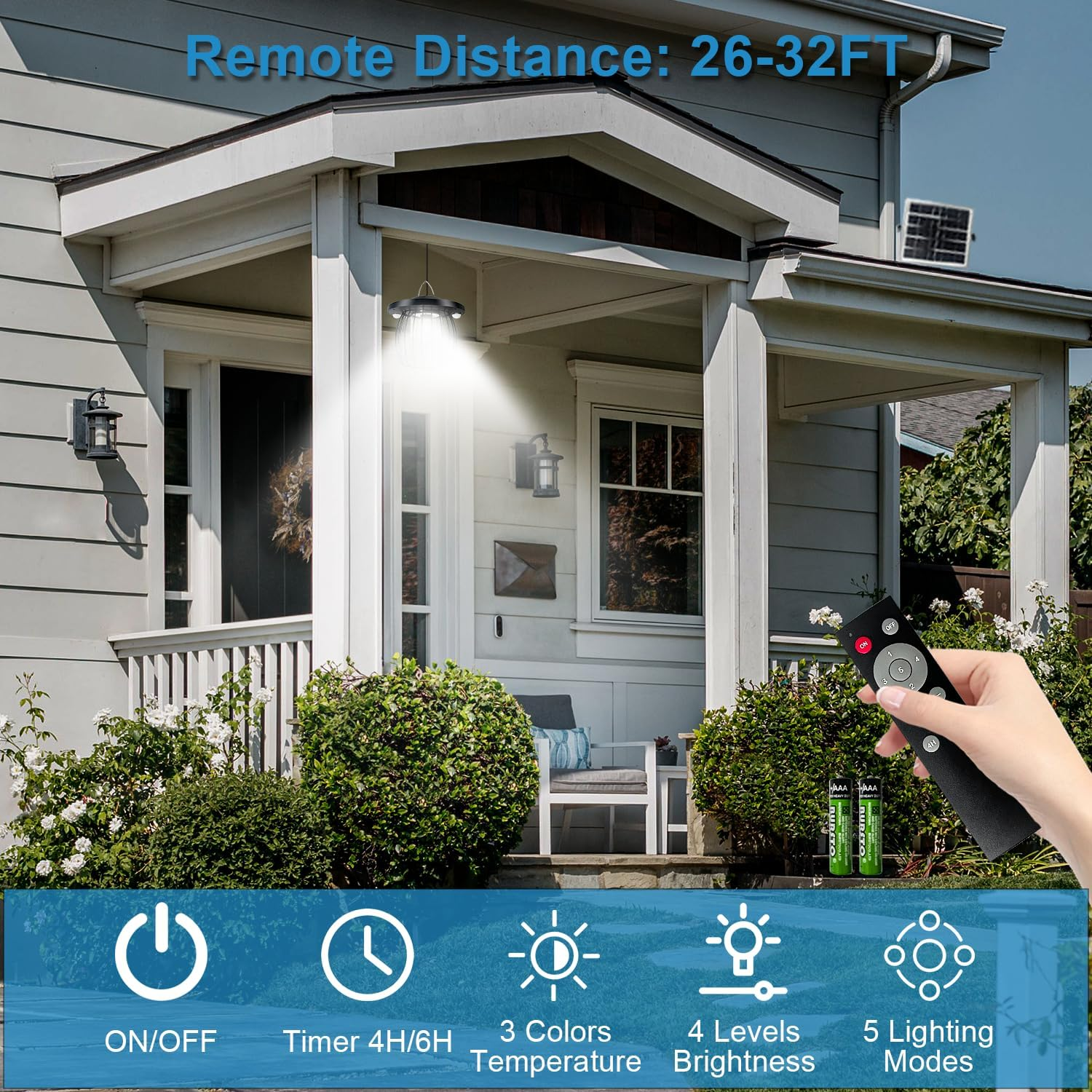 Solar Pendant Light Outdoor, Hanging Lantern with Motion Sensor, Remote Control Shed Light, Security Lighting Fixtures, 4400Mah Rechargeable Panel IP65 Waterproof for Yard, Patio, Gazebo image number 4