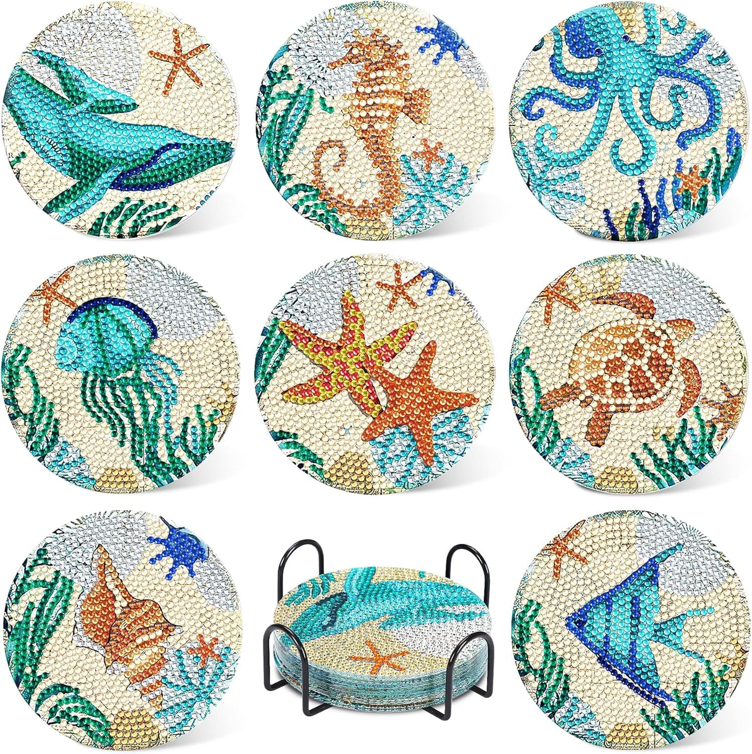Ocean Diamond Art Painting Coaster Kit, 8Pcs DIY Crafts Kit with Holder, Non Slip Coaster Art Supplies for Adults, Ideal Gift image number 6