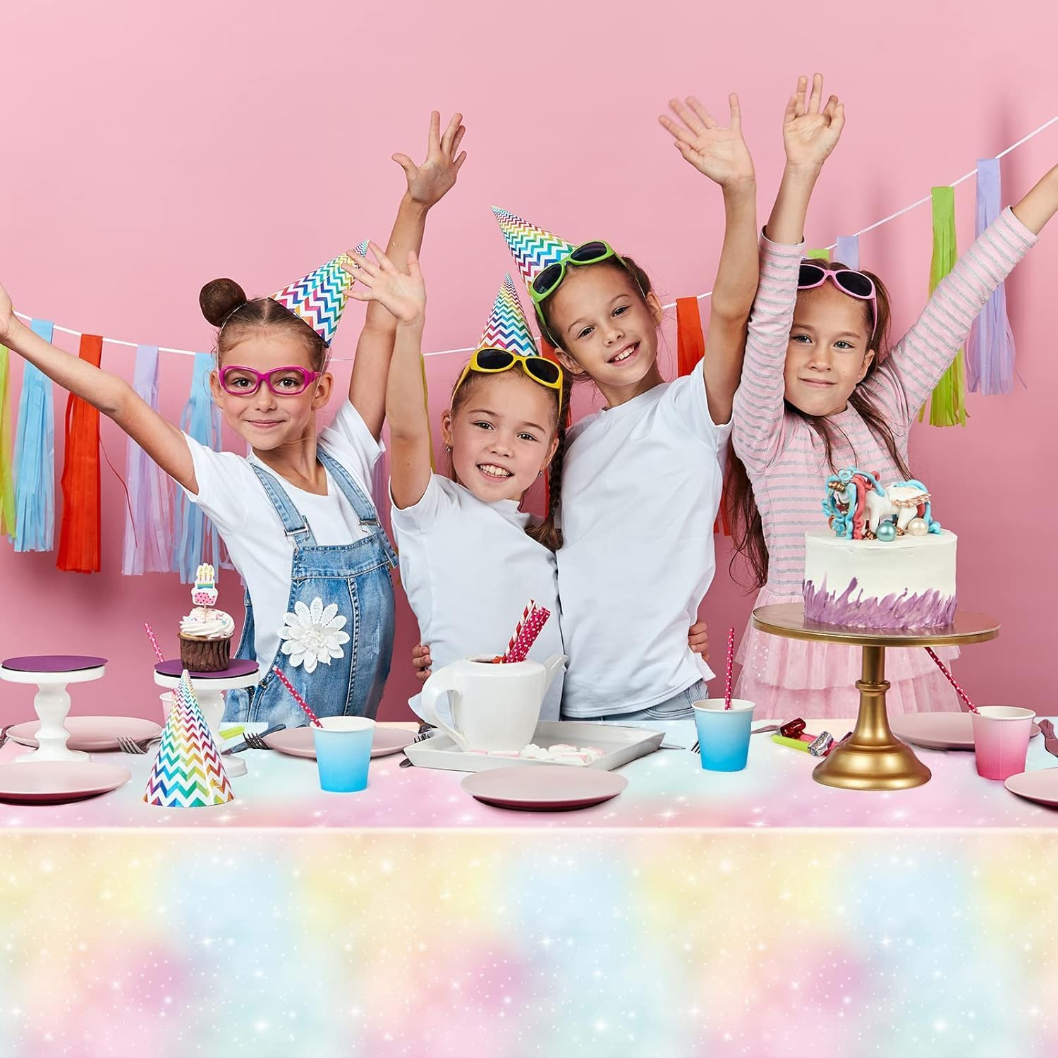 Acemedia 3 Pieces Pastel Rainbow Tablecloths Birthday Party Decoration Rectangle Plastic Disposable Table Cover Waterproof Boho Rainbow Table Cloths Girls Baby Shower Unicorn Party Supplies image number 4
