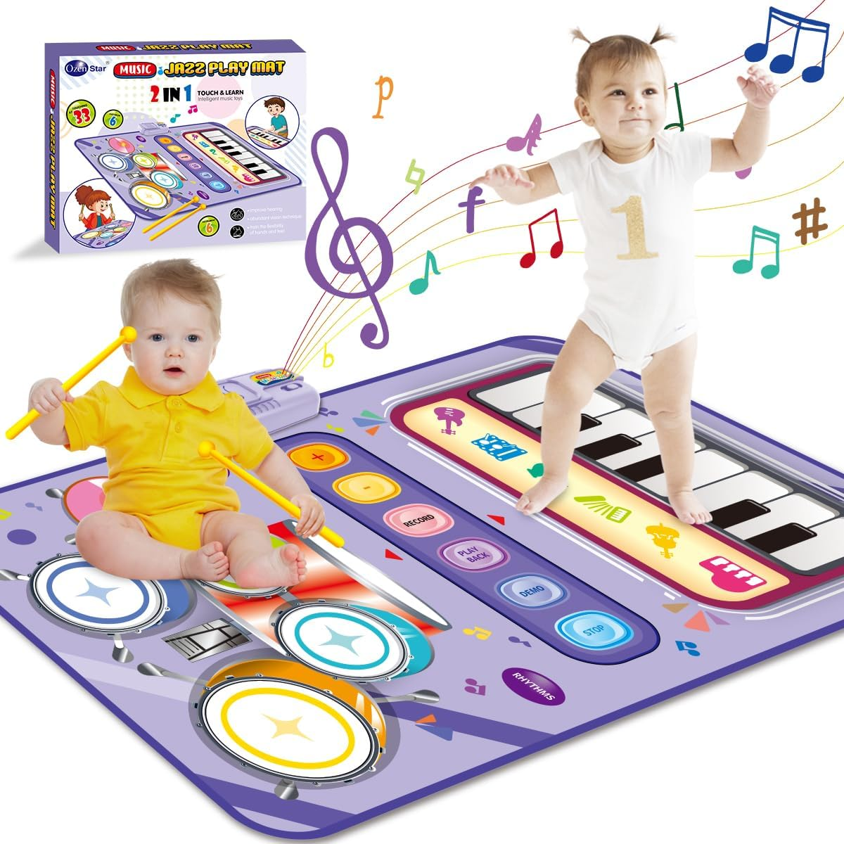 Toy for 1 Year Old Girl Gifts，2 in 1 Piano Keyboard & Drum Mat，Baby Musical Mat Toddler Toys Age 1-2，Kid Sensory Play Mat 12-18 Months，Early Educational Learning Birthday Gifts for Girls Boys image number 4