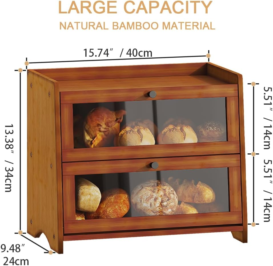 BAMBANG Bread Box for Kitchen Countertop, Extra Large Bamboo Bread Storage Container for Homemade Bread, Double Layer Sourdough Breadox, Bread Bin Organizer for Counter Cabinet Pantry, Brown
