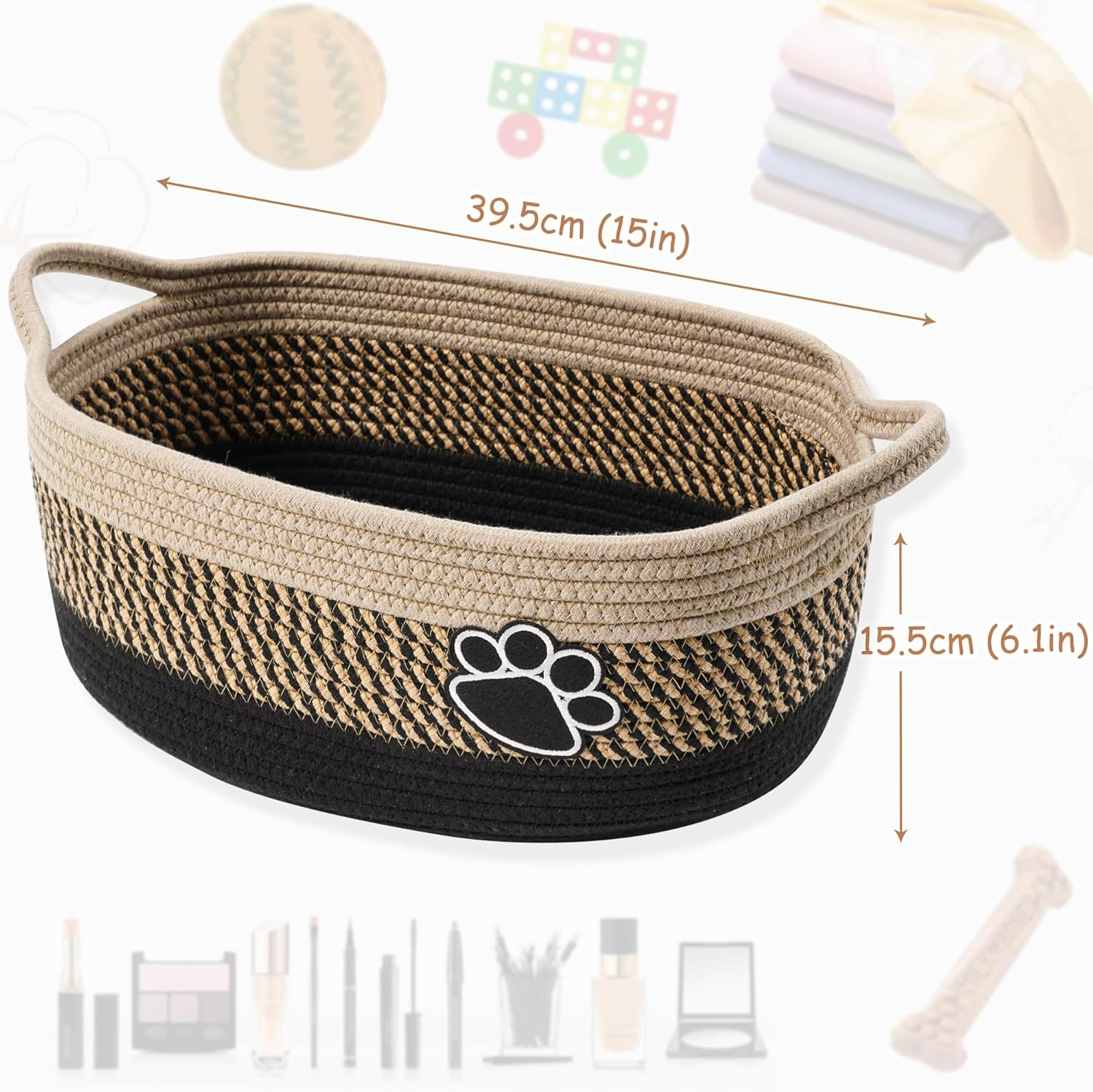 Small Woven Baskets for Organizing Rope Storage Basket with Handle Cute Cotton Nursery Gift Dog Toy Bins Organizer-Light Beige - Blackbeige image number 4