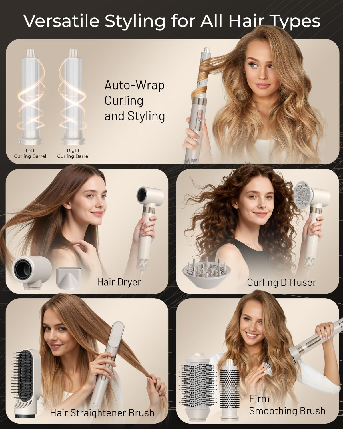 8-In-1 Hair Styler & Hair Dryer Brush, 200M Negative Ion Hot Air Curler for Fast Drying, Volumizing, Straightening & Smoothing, 3 Heat / 3 Speed Settings, Low Noise, for All Hair Types image number 4