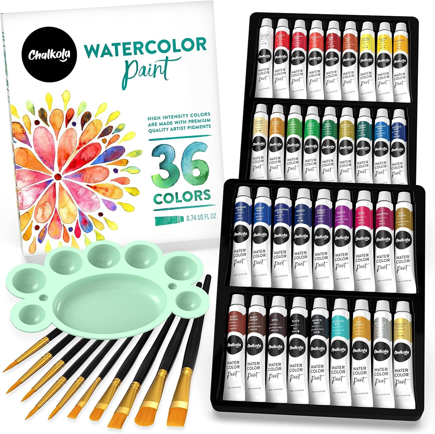 Chalkola Watercolor Paint Set for Adults, Kids, Beginner & Professional Artists - 36 Watercolor Tubes Set (12Ml, 0.4Oz), 10 Painting Brushes & 1 Palette | Vibrant Water Color Art Painting Supplies image number 5