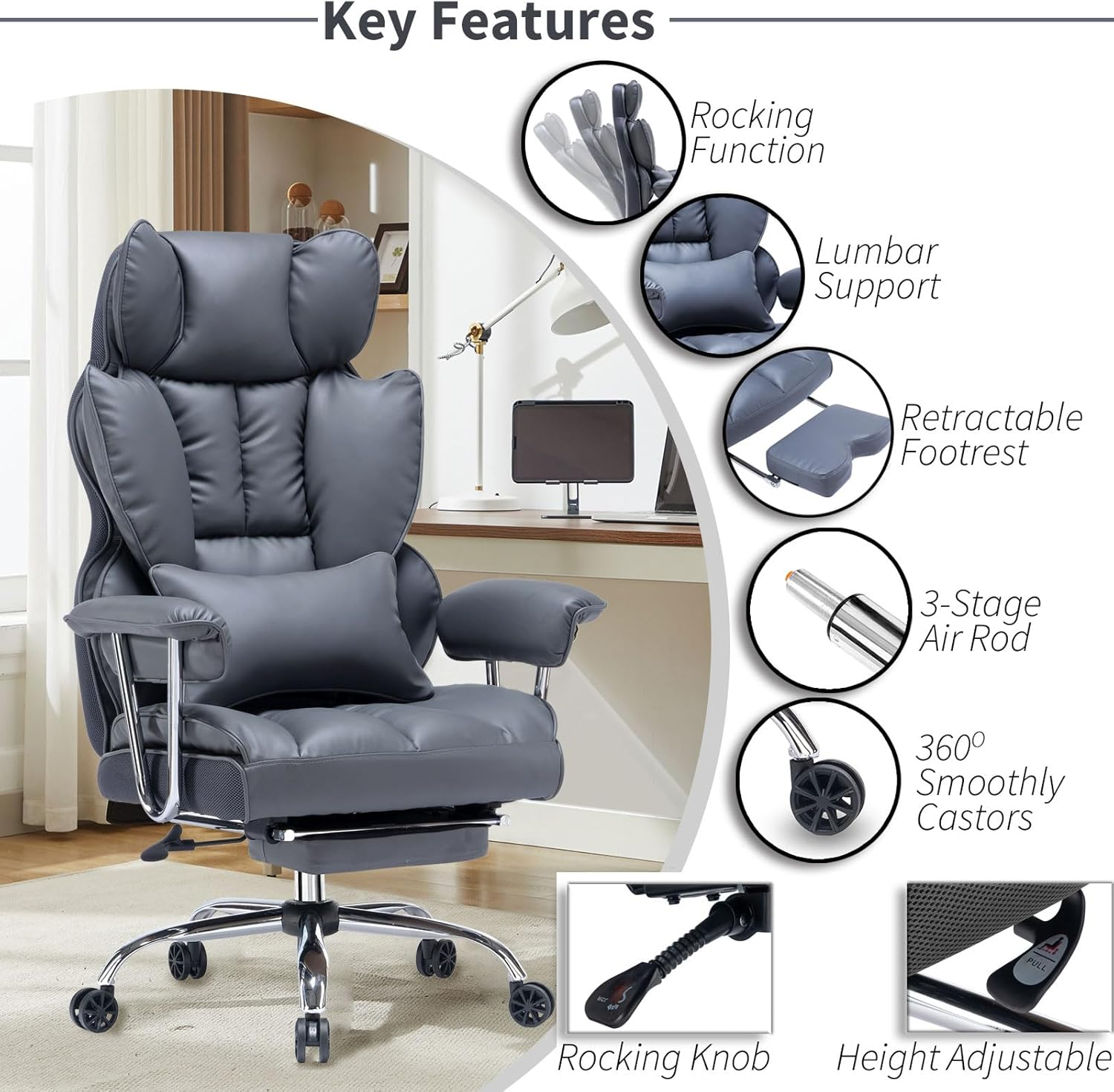 Efomao Desk Office Chair 400Lbs,Big and Tall PU Leather Computer Chair,Executive Office Chair with Leg Rest and Lumbar Support (Dark Grey) image number 5