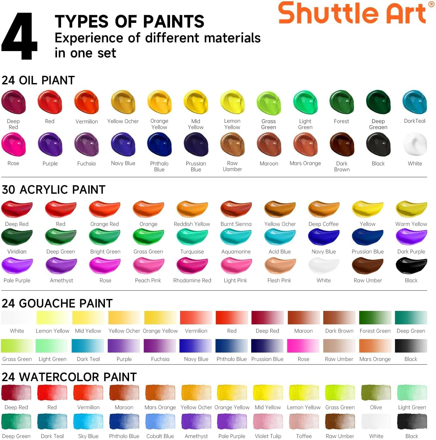 Shuttle Art 65 Pack Acrylic Paint Set with Wooden French Easel Box, Mixed Media Artist Art Set with 30 Colours, Blank Canvas, Brushes, Professional Painting Set for Adults, Teenagers