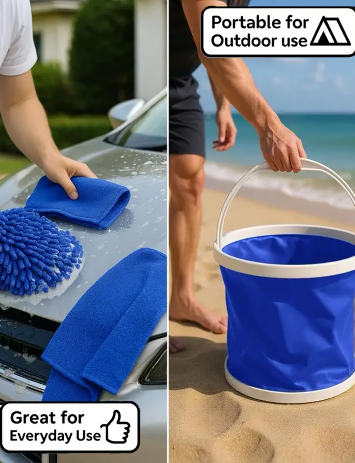 Portable 4-Piece Car Wash Kit: 1 13L Collapsible Bucket + 1 Chenille Microfiber Mitt + 2 Towels - a Versatile Cleaning Kit for Cars, Rvs, Outdoor Adventures, and Fishing image number 4