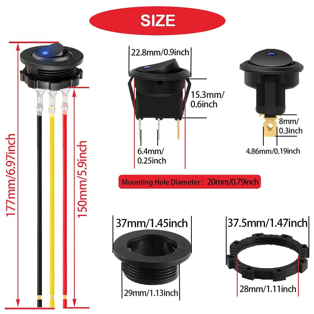 Round Toggle LED Switch, 3 Pack, 12V Car Truck Rocker Switch, 20A, 3 Pins with 9 Connection Cables image number 1