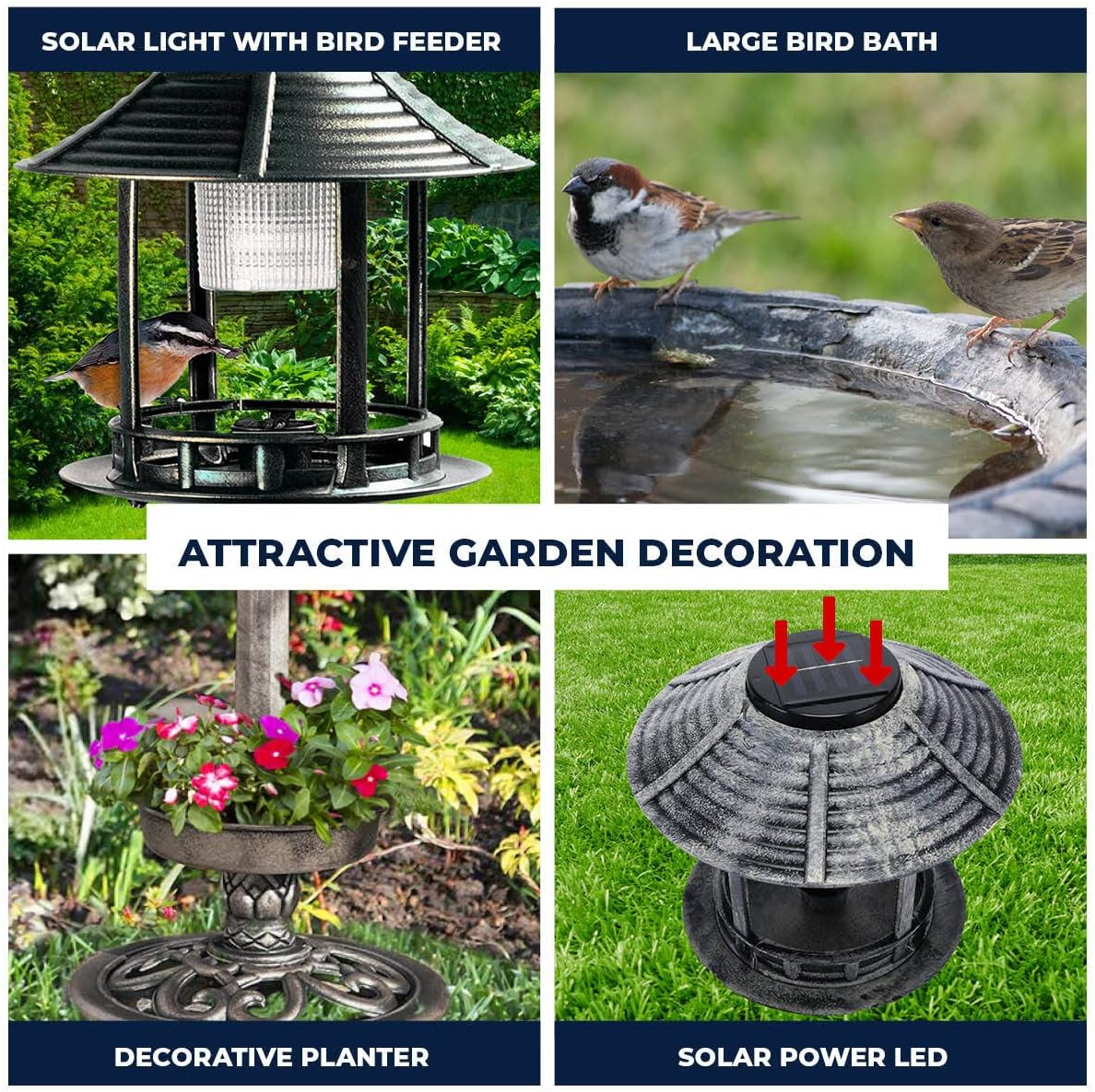 Garden Greens Solar Light Bird Bath with Feeder, 108 Cm X 50 Cm Size, Silver/Black image number 3