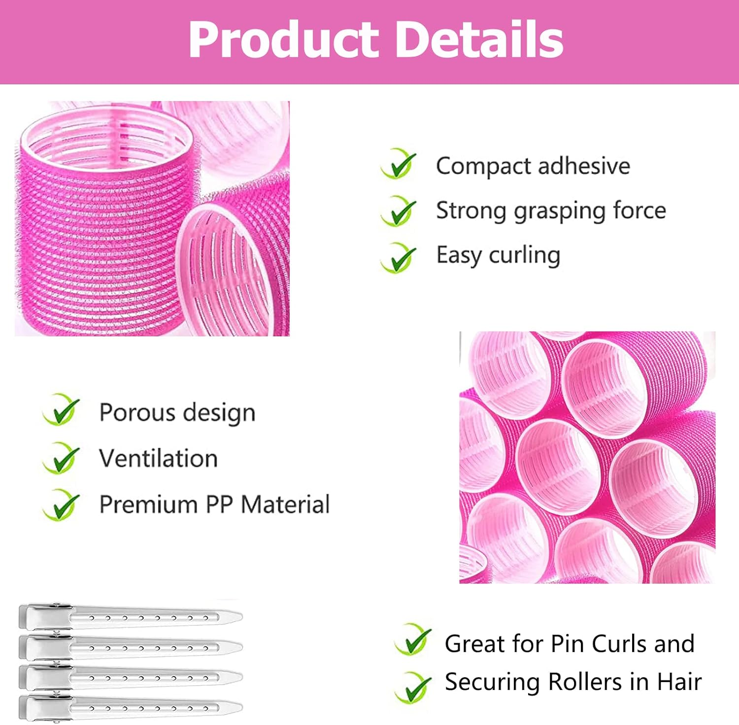 Curlers Large Curls 24 Pieces, Curlers without Heat Self-Adhesive Adhesive Rollers, Jumbo Large Hair Rollers Hair Rollers 64 Mm with 12 Pieces Duck Beak Clips for Long Hair and Short Hair