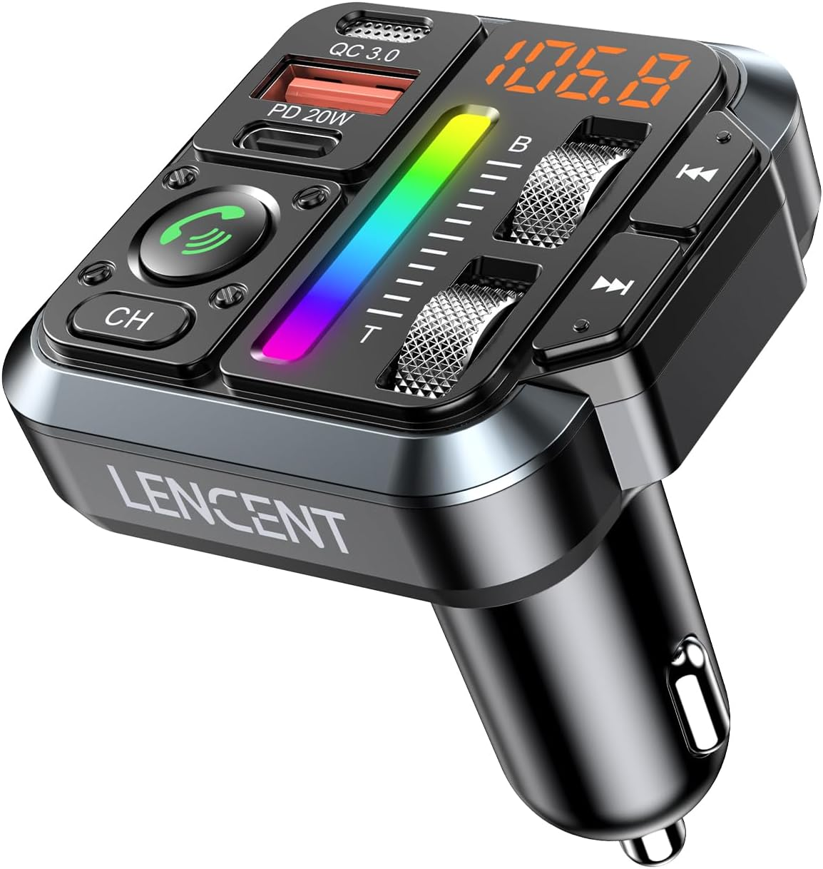 LENCENT Bluetooth 5.3 Car FM Transmitter, Adjustable Treble & Bass Sound Music Player Receiver, Wireless Radio Adapter with PD 20W & QC 3.0 Fast Charger, Hands-Free Calling, Siri Assistant image number 3