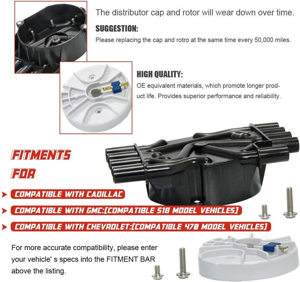 Ignition Distributor Cap and Rotor Kit Compatible with Chevy GMC Cadillac Vortec V8 5.0L 5.7L 7.4L Ignition Distributor Set Brass Terminals with OE Part # DR474 DR331 image number 1