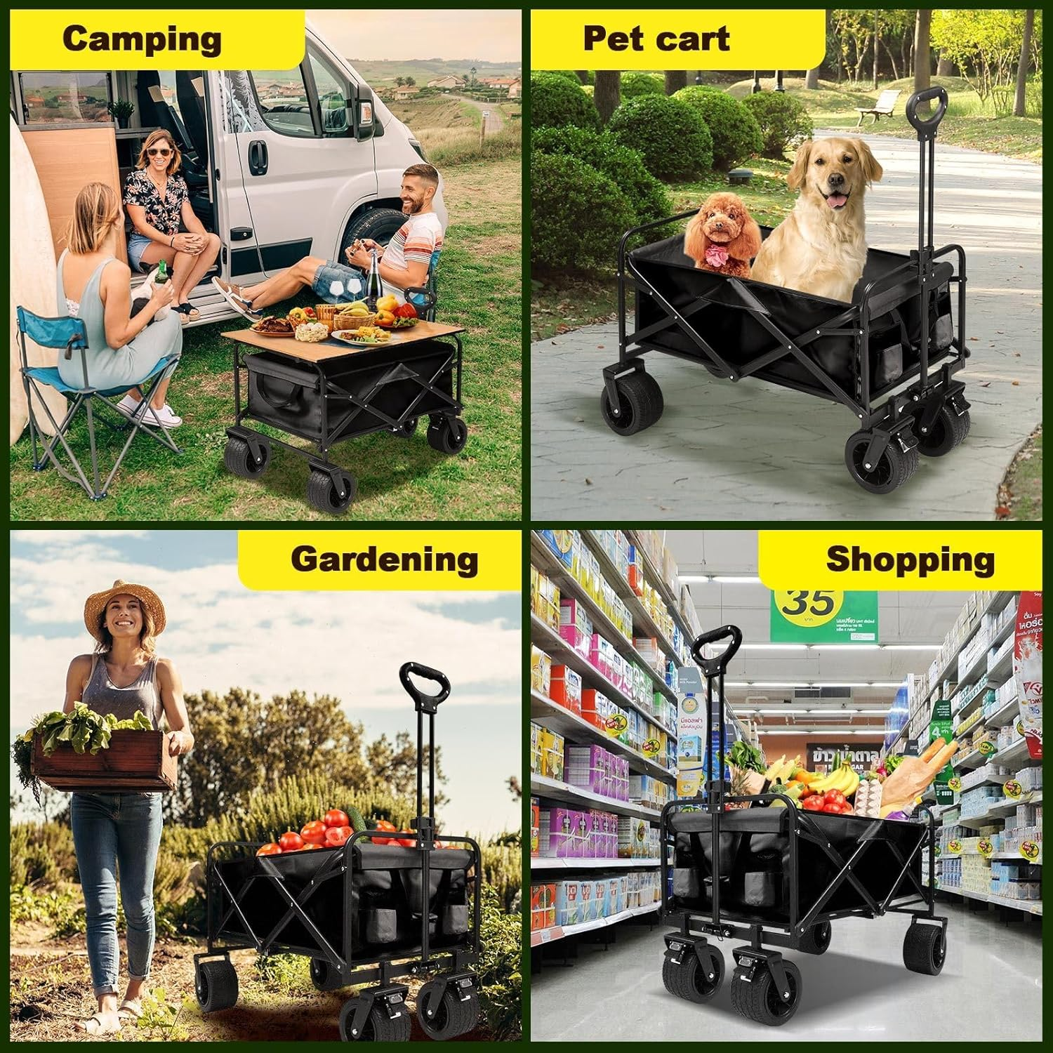 Folding Wagon Cart Collapsible Wagon with All-Terrain Wheels for Beach Picnic Garden Utility Trolley Trailer Barrow Market Grocery Shopping Sports Outdoor Camping Luggage Collapsible 150Kg - 95 X 54 X 71-100 Cm Be image number 2