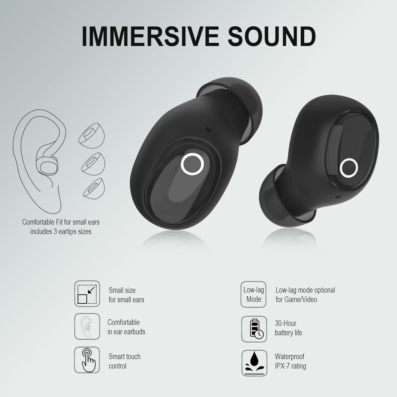 Mini Wireless Earbuds for Small Ears, Women Men, Bluetooth Earbuds for Small Ear Canals, Wireless Bluetooth Headphones for Iphone, Android Earbuds (Black) - Black image number 4