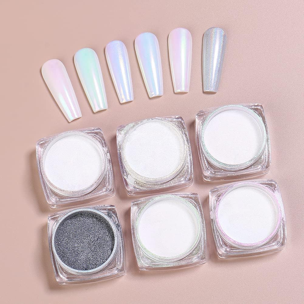 AIMEILI Upgrade Chrome Nail Powder - 6 Jar Art Chameleon Mirror Set, Pearl Shell Glitter Changing Ombre Holographic Laser Gel Metallic Manicure Pigment image number 5