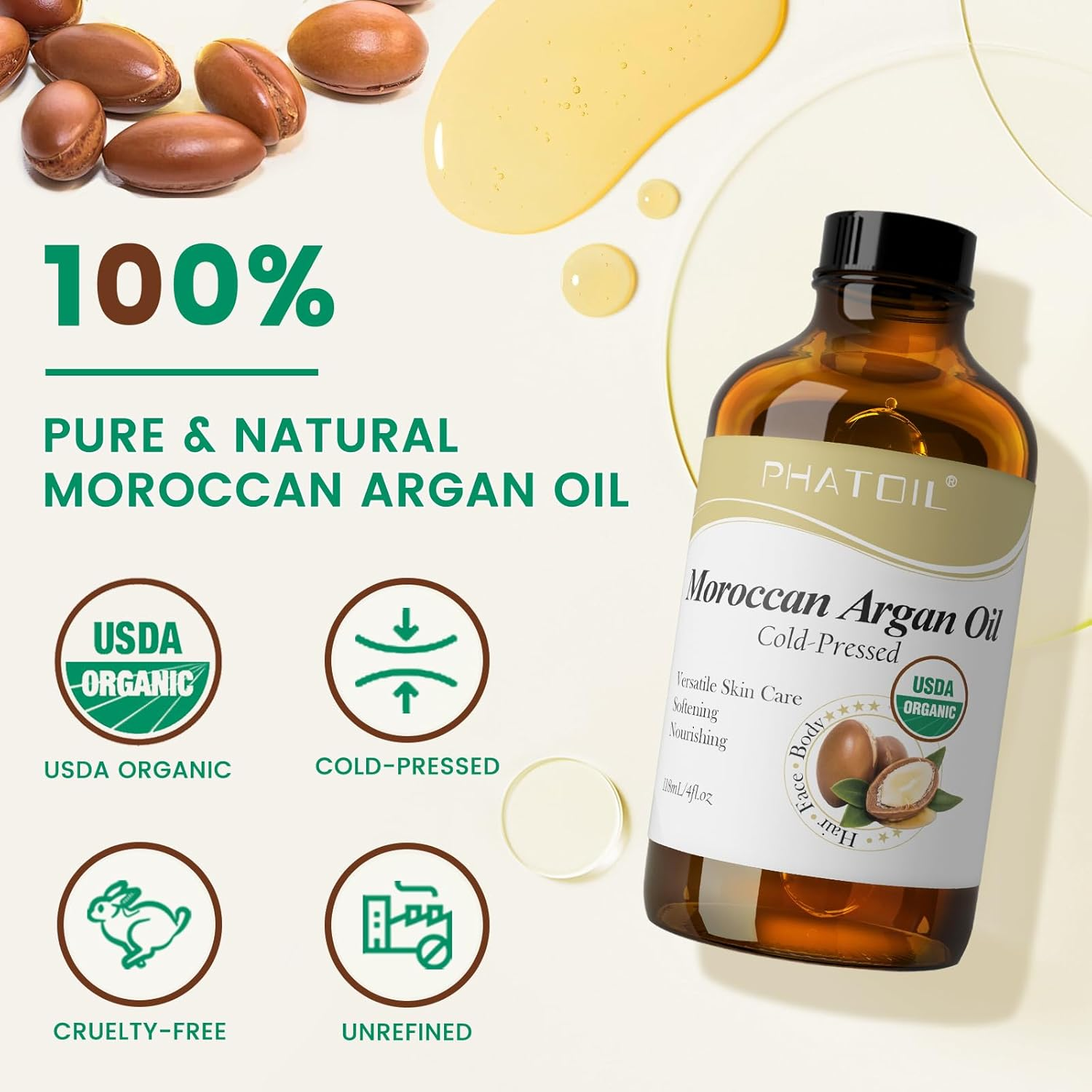 PHATOIL Organic Moroccan Argan Oil for Hair 118 Ml (4 Fl.Oz), USDA Certified Organic, Cold Pressed Argan Oil in Glass Bottle for Face, Skin & Nail Care, Ideal for All Hair Types image number 6