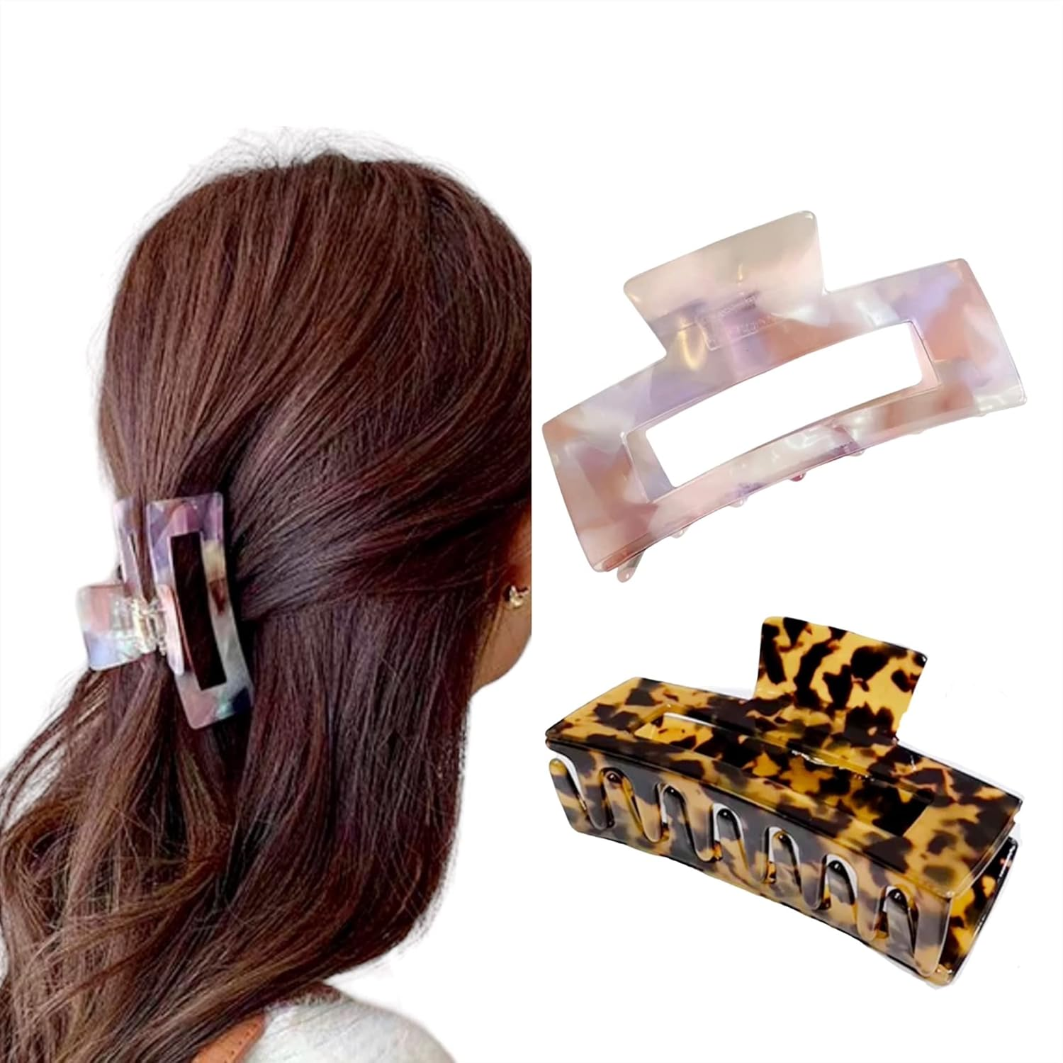 2PC Large Rectangular Hair Claw Clip for Thick Hair - Marble, Opal, Multicolour Design (Marble Pink & Dark Leopard) image number 5
