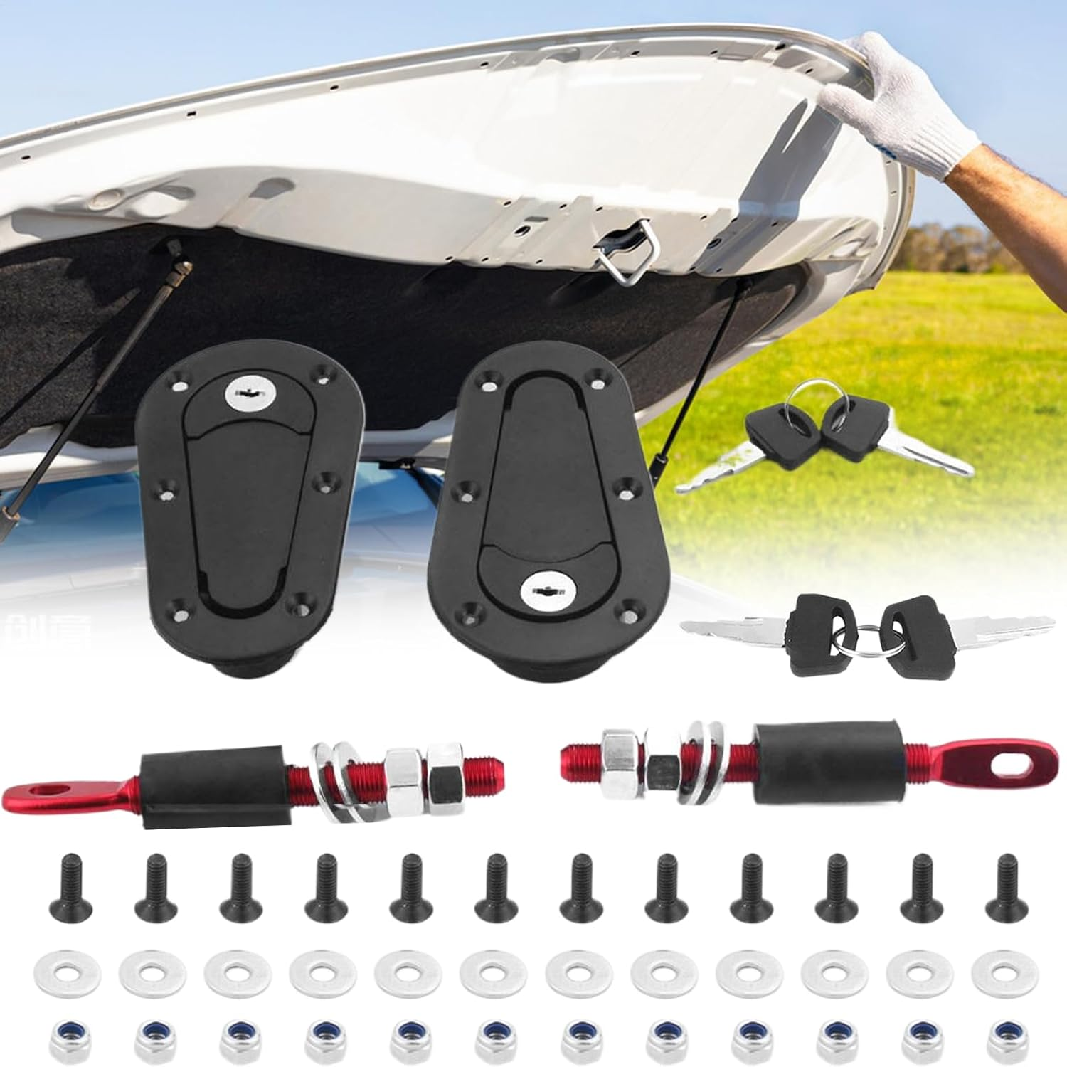 Hood Pin Kit - Flush Mounted Hood Pins,Quick Release Lock Fasteners Spacers Cover for Bumper Engine Bonnet Plate Truck Automotive image number 3