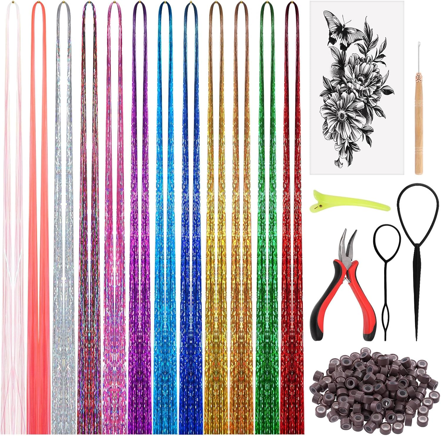 Tanstic 214Pcs Hair Tinsel Kit, 12 Colors 2400 Strands Tinsel Hair Extensions Glitter Hair Extension Sparkling Hair Tinsel Heat Resistant with Tools for Christmas, New Year, Party(47 Inches)
