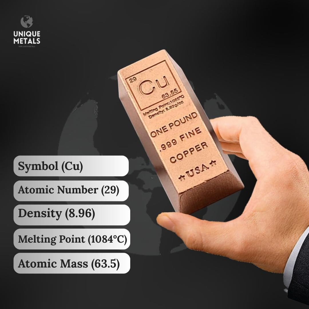 Unique Metals 1 Pound Copper Bar Ingot Paperweight - 999 Pure Chemistry Element Design with Certificate of Authenticity By image number 3