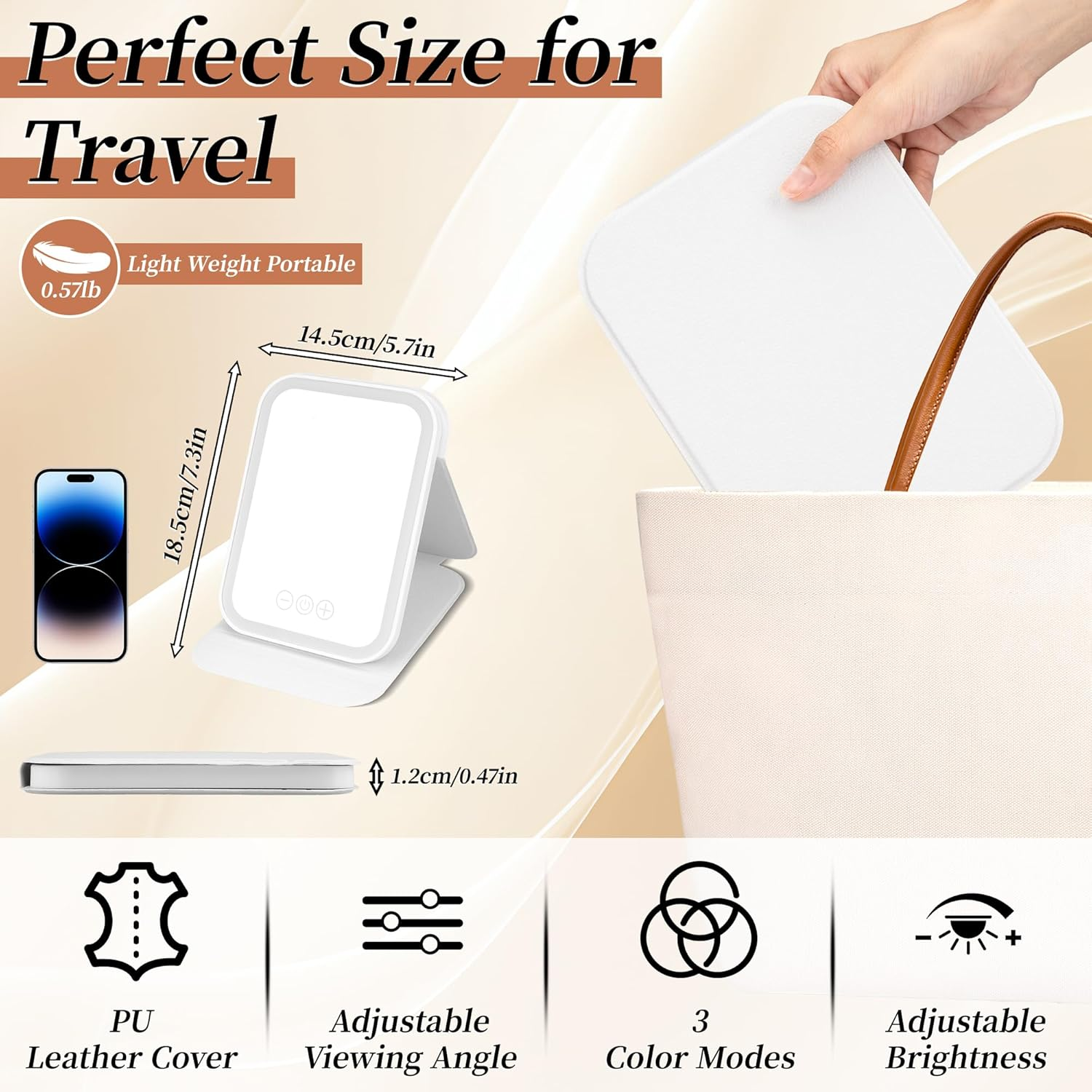 Rechargeable Travel Vanity Mirror with 40 Led Lights, Portable Lighted Beauty Makeup Mirror, 3 Color Lighting, Touch Dimming, Tabletop Folding LED Mirror with Leather Case, White image number 5