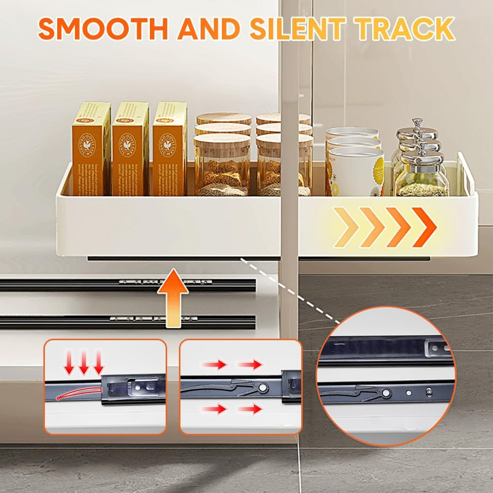 ALSTON 2PCS Sliding Storage Shelf Organizer Cabinet Basket Pull Out Metal Drawer Adhensive Nano Film No Drill for Kitchen Pantry Bathroom Max Load 27KG, Pack of 2 image number 3