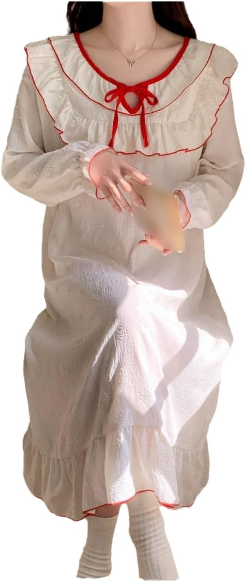 Polyester Fiber Nightgown round Neck with Chest Pad Nightdress Long Sleeve Can Be Worn Outside image number 2