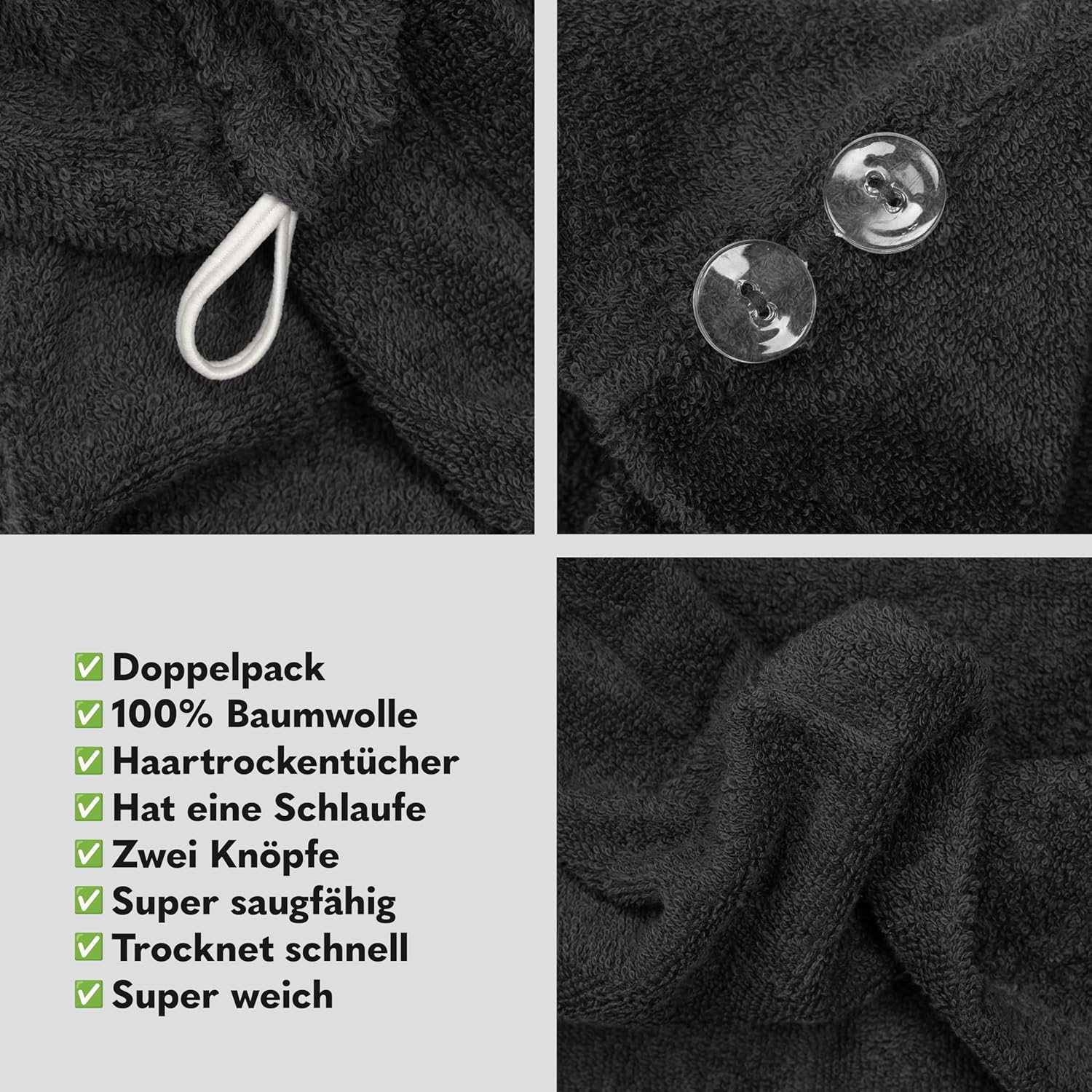 Hammetex 100% Cotton Women'S Hair Towels, Pack of 2, Fluffy, Quick Absorbent, Quick-Drying Hair Turban Hair Towels with Button, Black image number 4