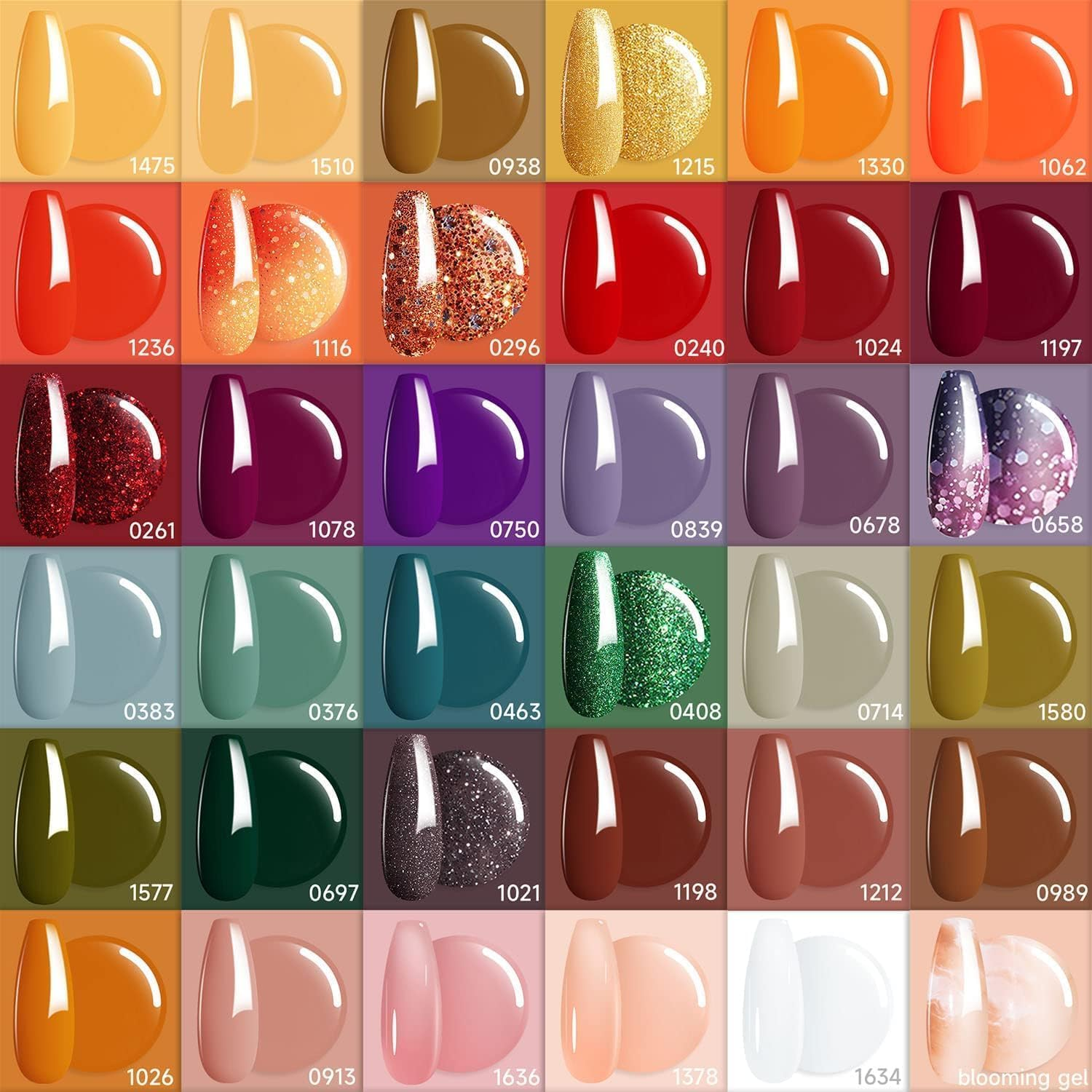 Modelones 40 Pcs Fall Gel Nail Polish Set, Halloween Nude Brown Orange Green Red Purple Gold Jelly White Colors Blooming Gel Polish Kit with Base Coat& Matte Glitter Glossy Top Coat DIY Manicure image number 4