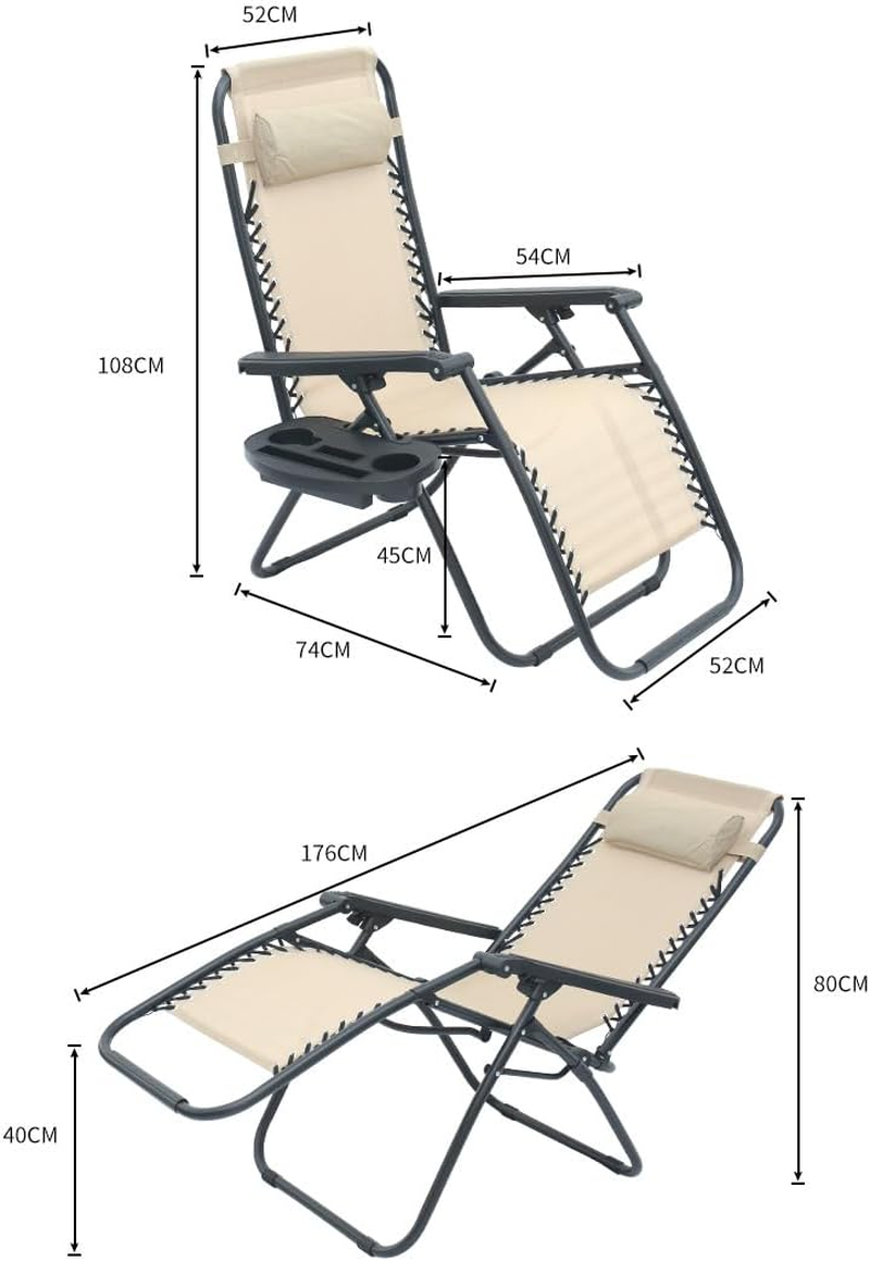 Zero Gravity Chairs, Adjustable Folding Lawn Chair with Pillow and Cup Holder Trays, Outdoor anti Gravity Reclining Lounge Chair, for Poolside, Lawn, Beach, Camping, Black (1 Pack) - Black image number 4