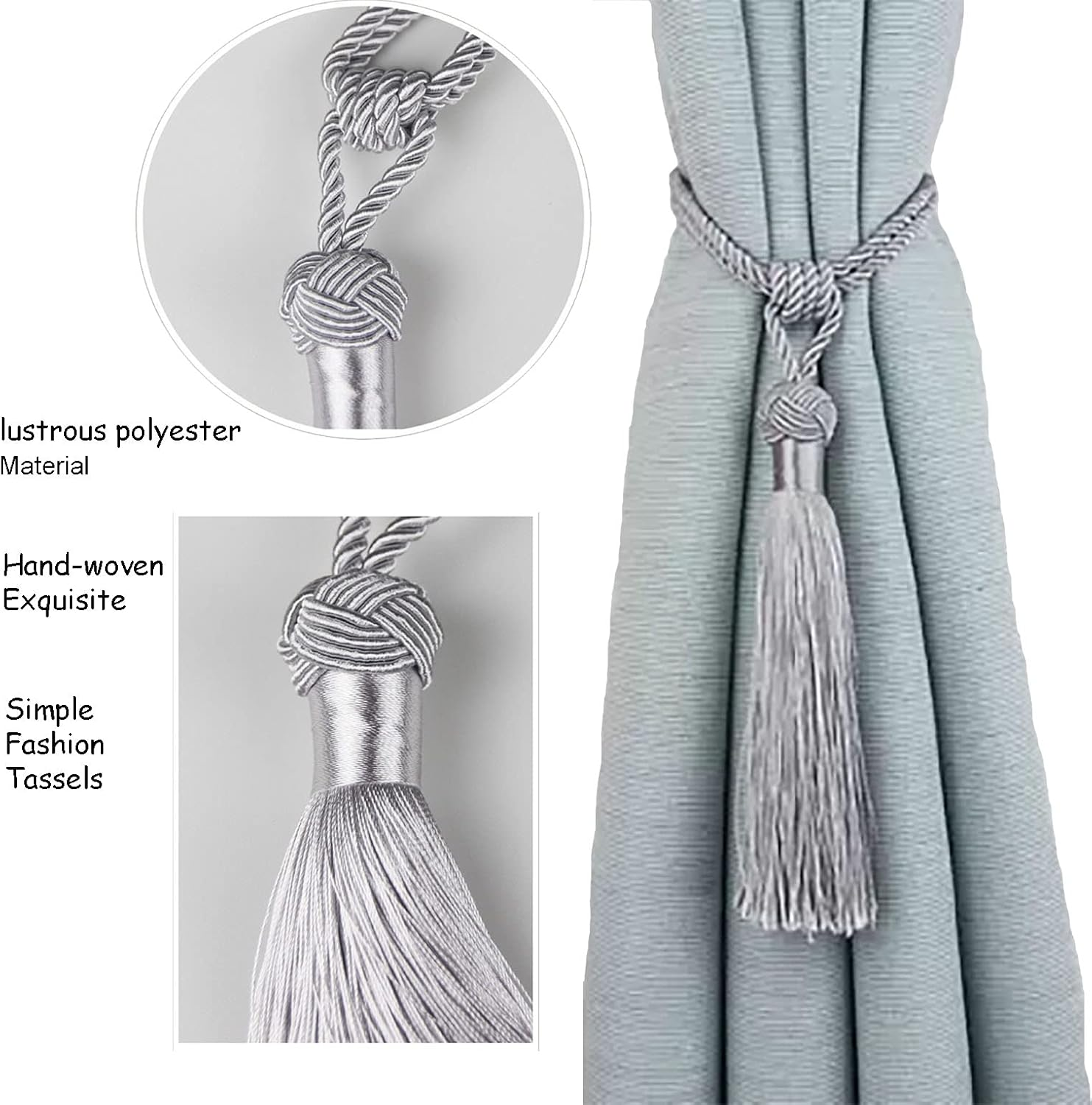 Curtain Tiebacks Handmade Rope Tassel Tie Backs Pair Curtain Holdbacks Curtain Liner Ties for Office Home Decorative Drapery Set of 2 (Silver, 2)