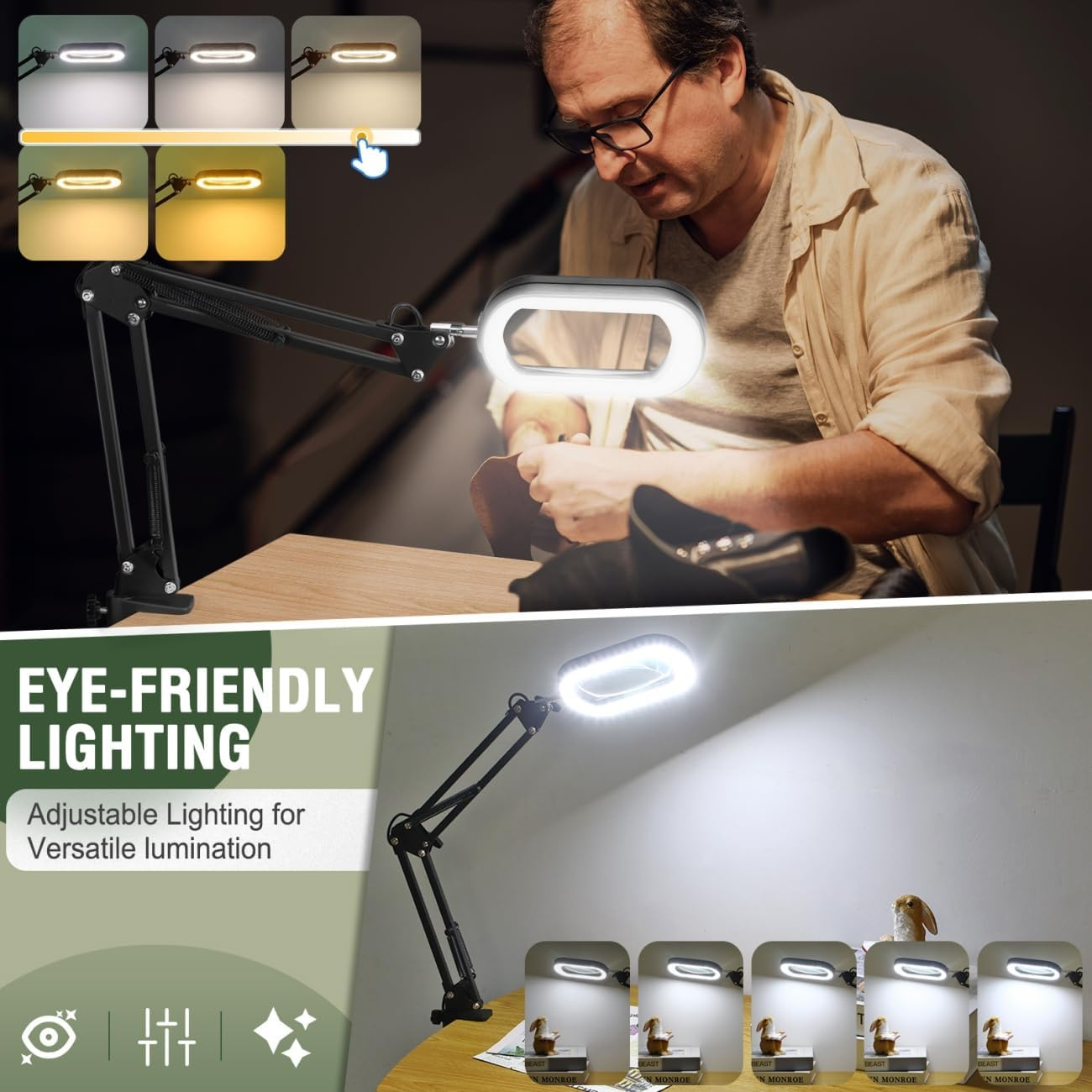 Veemagni 10X Rectangle Magnifying Glass with Light and Stand, 5 Color Modes Stepless Dimmable, 2-In-1 LED Lighted Desk Lamp & Clamp, Hands Free Magnifier for Reading Crafts Repair Painting Close Work image number 1