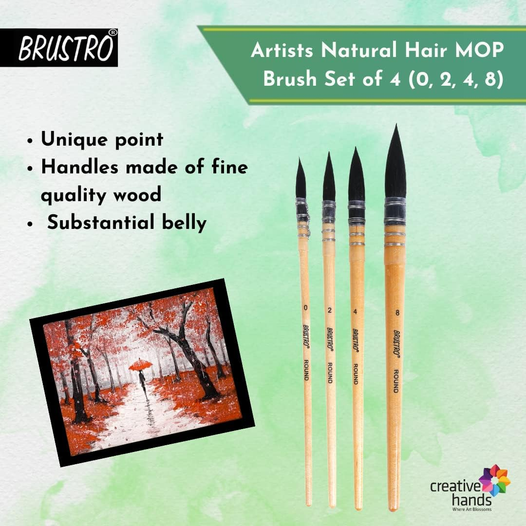 BRUSTRO Artists Natural Hair MOP Brush | Set of 4 - (0, 2, 4, 8) | Ideal for Watercolor, Synthetic Blend, round Paint Brush, Art Painting, Colour, Gouache, Wooden Handle, Professional and Students
