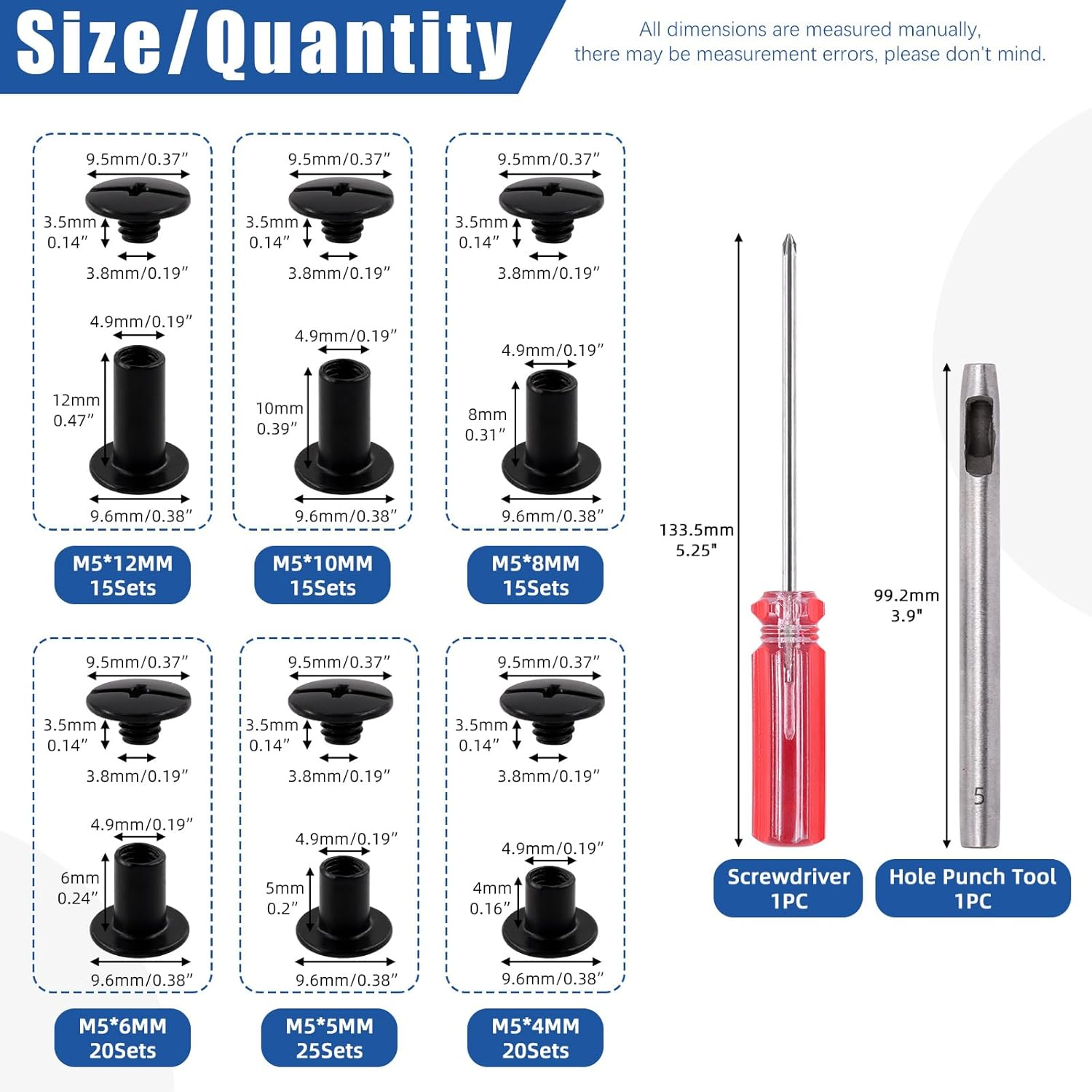 Glarks 110 Sets 6 Sizes Chicago Screws Leather Rivets with Punch and Screwdriver Kit, M5 X 4/5/6/8/10/12Mm Chicago Button Binding Post Screw Nail Rivets for DIY Leather Craft Bookbinding (Black) - Gold image number 6
