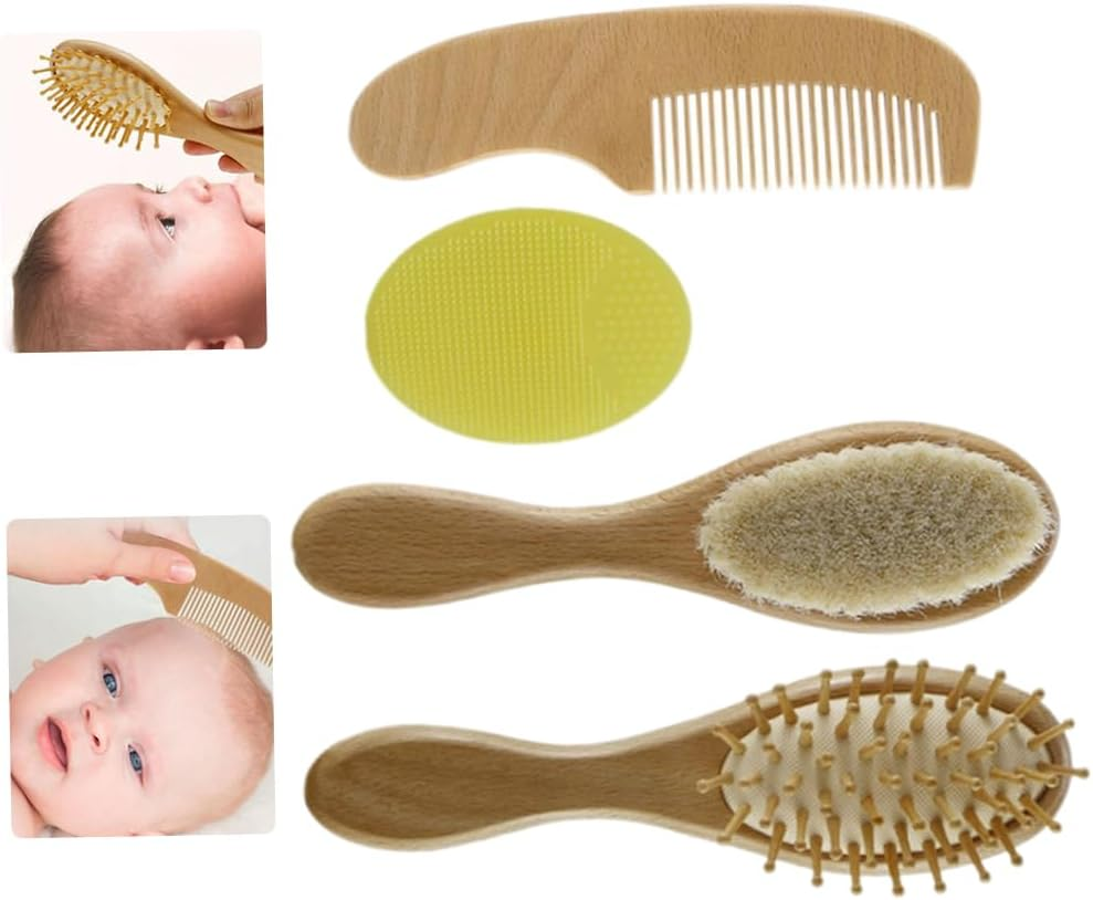 Baby Hair Brush Toddler Comb Set Wooden Goat Bristles Bath Brush Shower Scalp Massager Tool Baby Set 4PCS image number 3