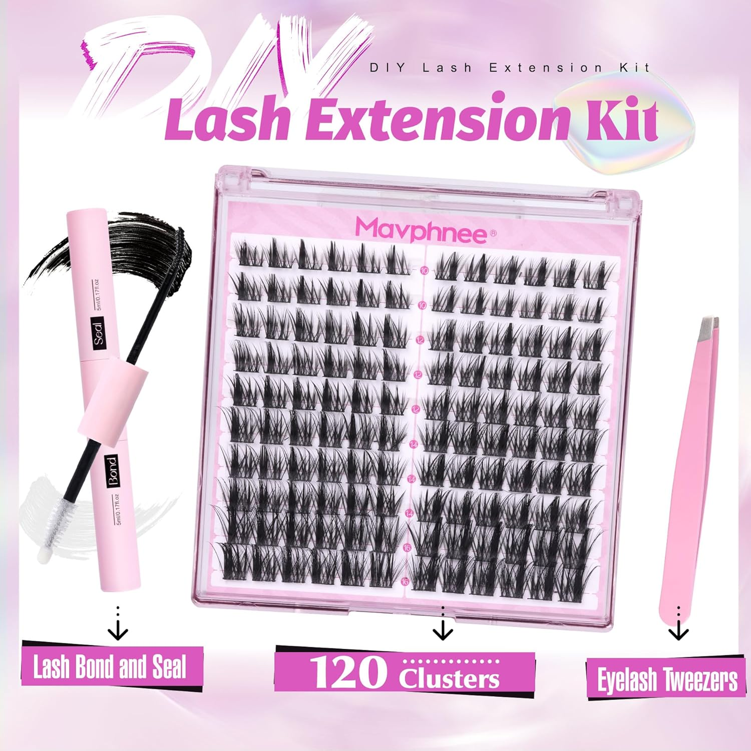 Natural Lash Clusters Kit Spiky Cluster Eyelash Extension 120 Pcs CC Curl Manga Eyelash Clusters 10-16MM Wispy Individual Lashes Kit with Bond and Seal and Tweezers by Mavphnee image number 1