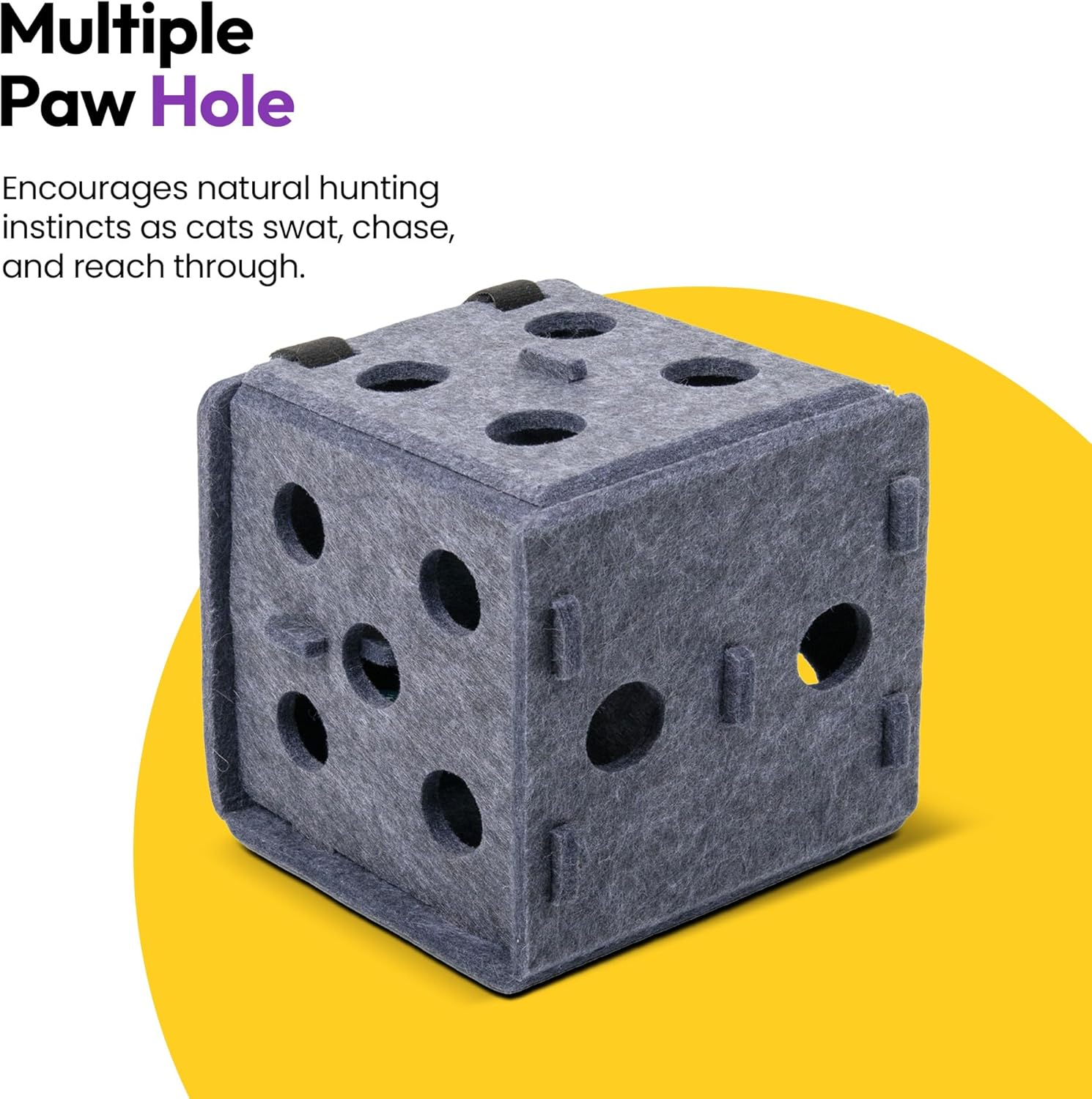 PURRZ Dice-Shaped Felt Cat Toy &ndash; Interactive Cube Play Box for Cats & Kittens &ndash; Durable Polyester Felt with Paw Holes & Internal Bell Ball, Puzzle Toy for Cats (Grey) image number 1