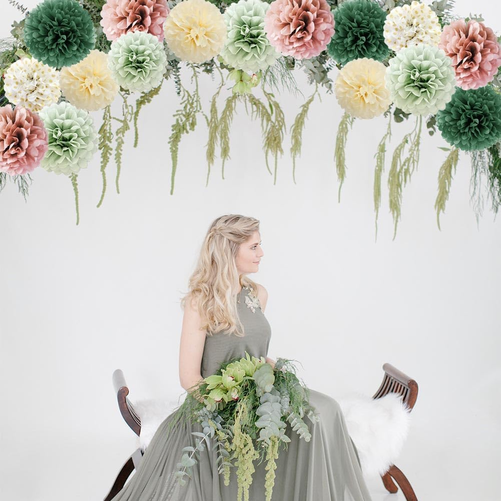 16Pcs Dusty Rose Olive Sage Green Tissue Paper Pom Poms Flowers Sage Green Dusty Pink Party Decorations for Bridal Shower Baby Shower Rustic Wedding Birthday Engagement Party Decorations image number 1