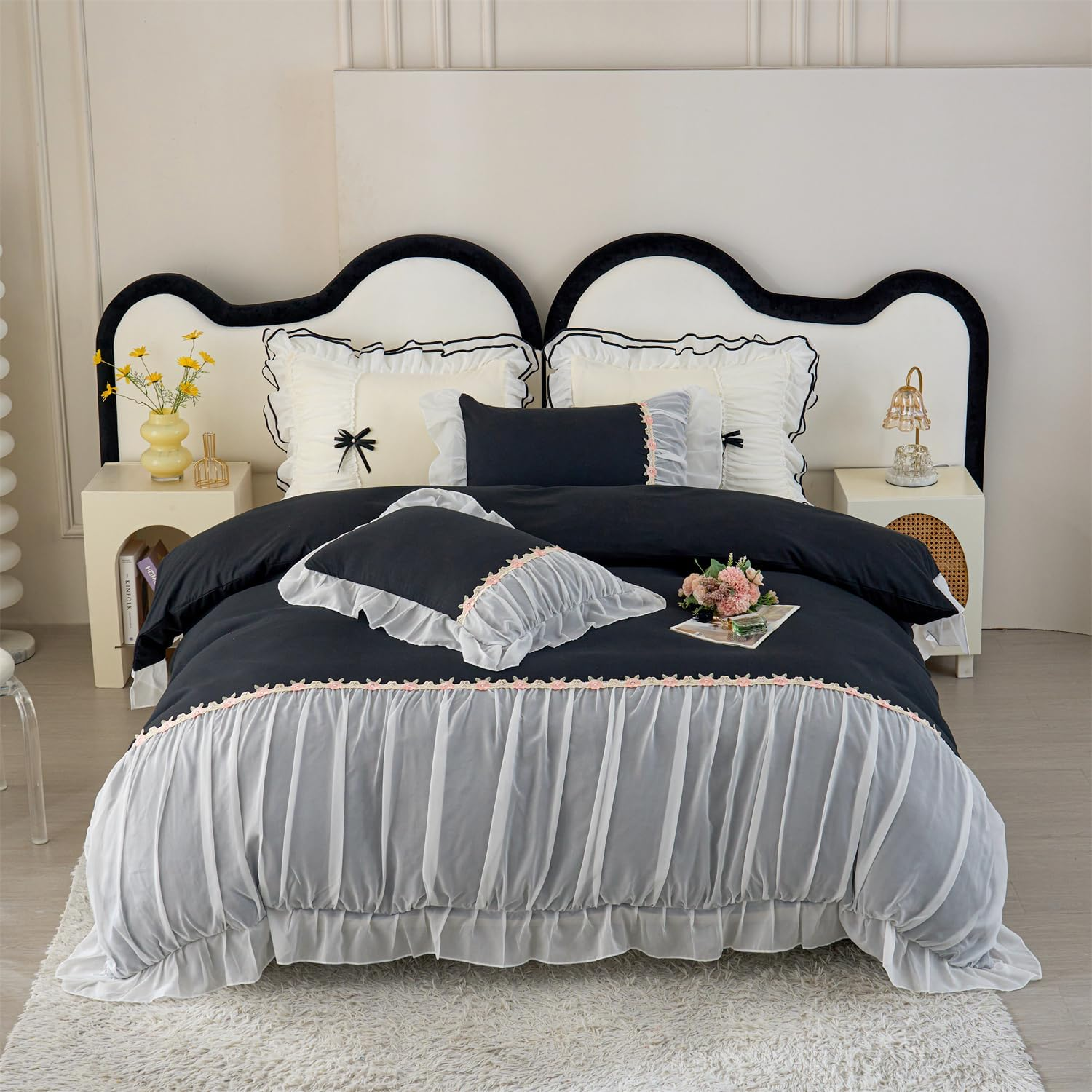 MOOWOO Pink Bedding-Romantic Ruffle Lace Bedding Set 3 Piece Comforter Queen Duvet Cover with Zipper Closure,Coquette Room Decor-Pink,Queen Size