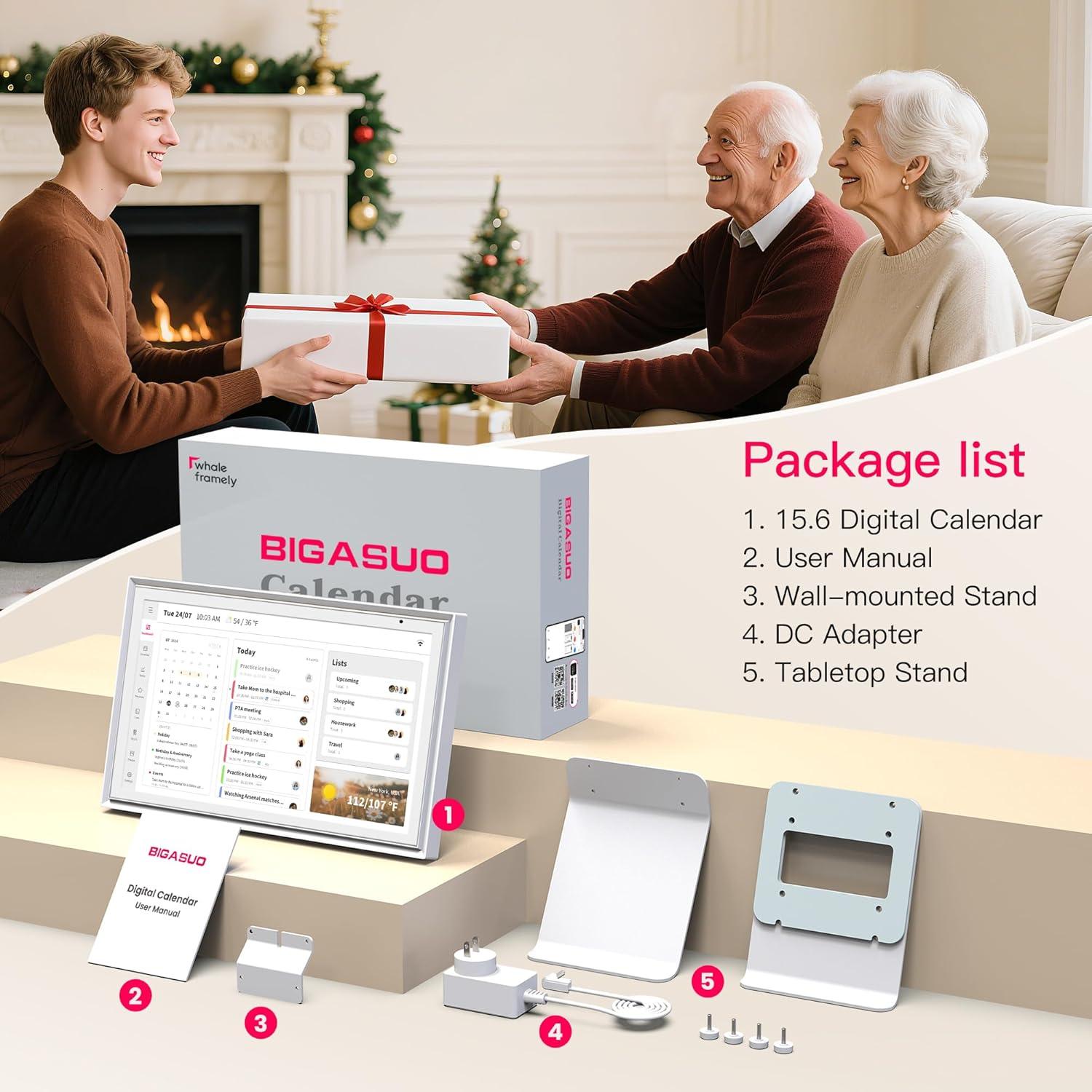 BIGASUO 15.6" Digital Calendar, Smart Touchscreen Interactive Display, Electronic Organizer for Monthly, Weekly & Daily Agenda, Chore Chart, Meal Planner, to Do List, Family Schedules, Picture Frame