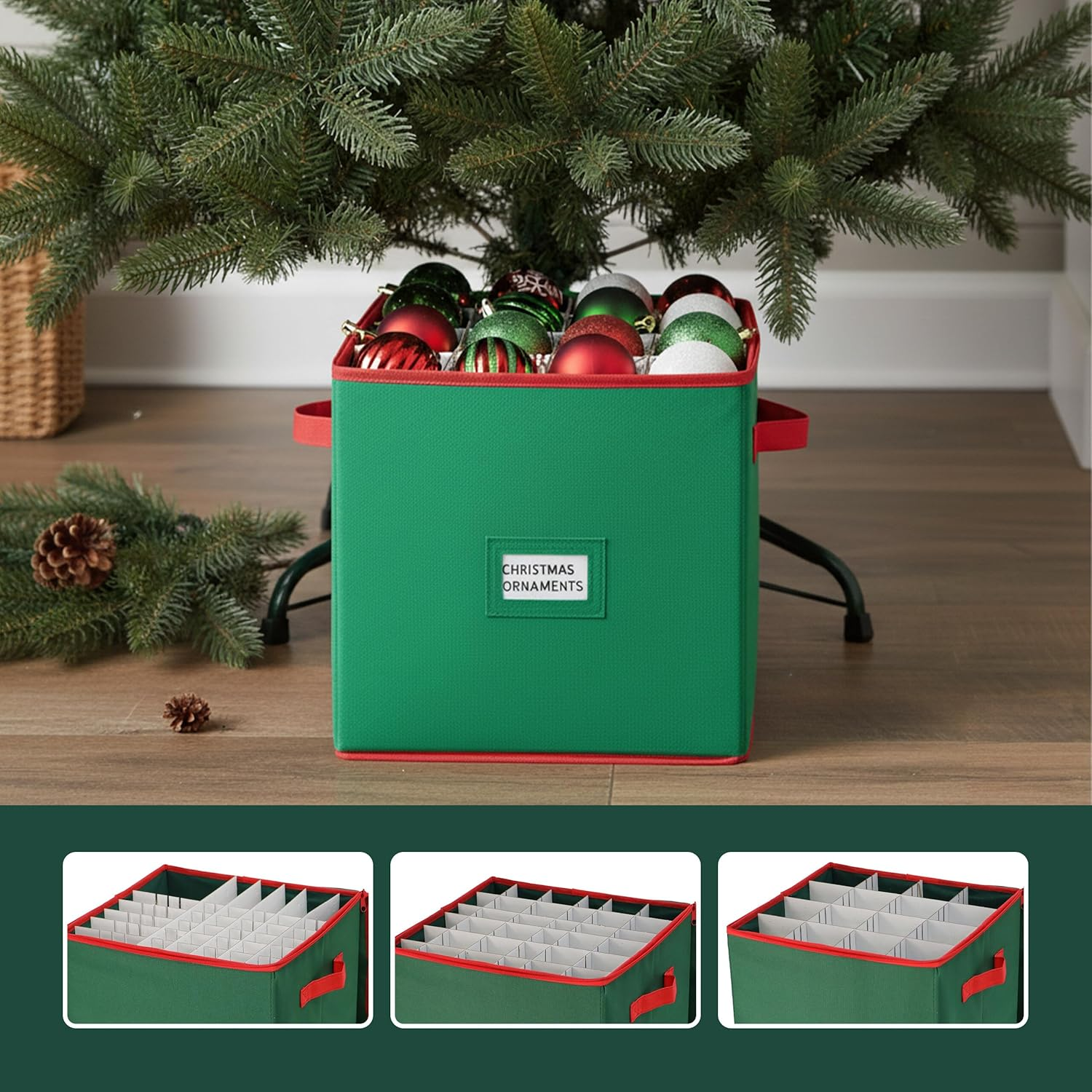 Relaxdays Christmas Bauble Storage Box, 64 Baubles, H X W X D: 33 X 33 X 33 Cm, Polyester, Cardboard, Ball Box, Green/Red image number 5