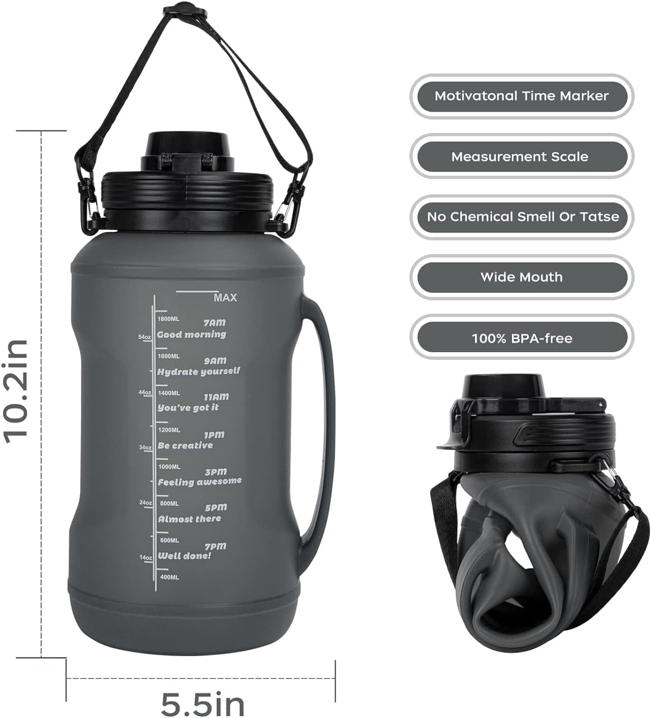 Collapsible Water Bottle, 2L Water Bottle with Straw Half Gallon Silicone Foldable Water Bottle image number 3