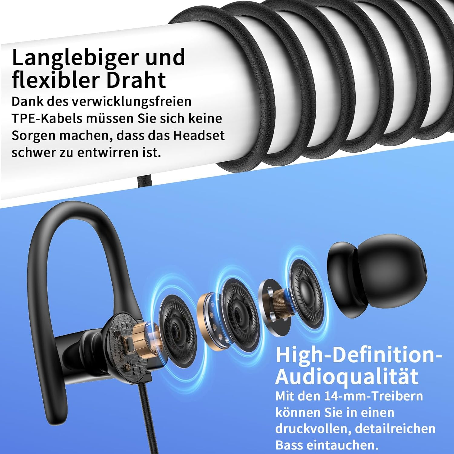 In-Ear Headphones with Cable Sports Headset with Ear Hooks 1.8 M Microphone and Volume Control 3.5 Mm Headphones for Samsung A25 Iphone Ipad Hifi Sound for MP3 MP4 Laptop Gaming Office Workout Music image number 2