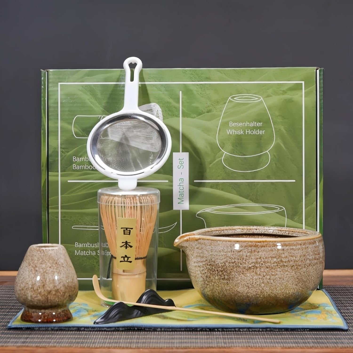 Matcha Whisk Set Matcha Tea Bowl Sets 7Pcs Matcha Tea Bowl Matcha Whisk Matcha Scoop Whisk Holder Scoop Holder Sifter Tea Cloth, Traditional Tea Ceremony Japanese Matcha Tea Kit Kiln White image number 3