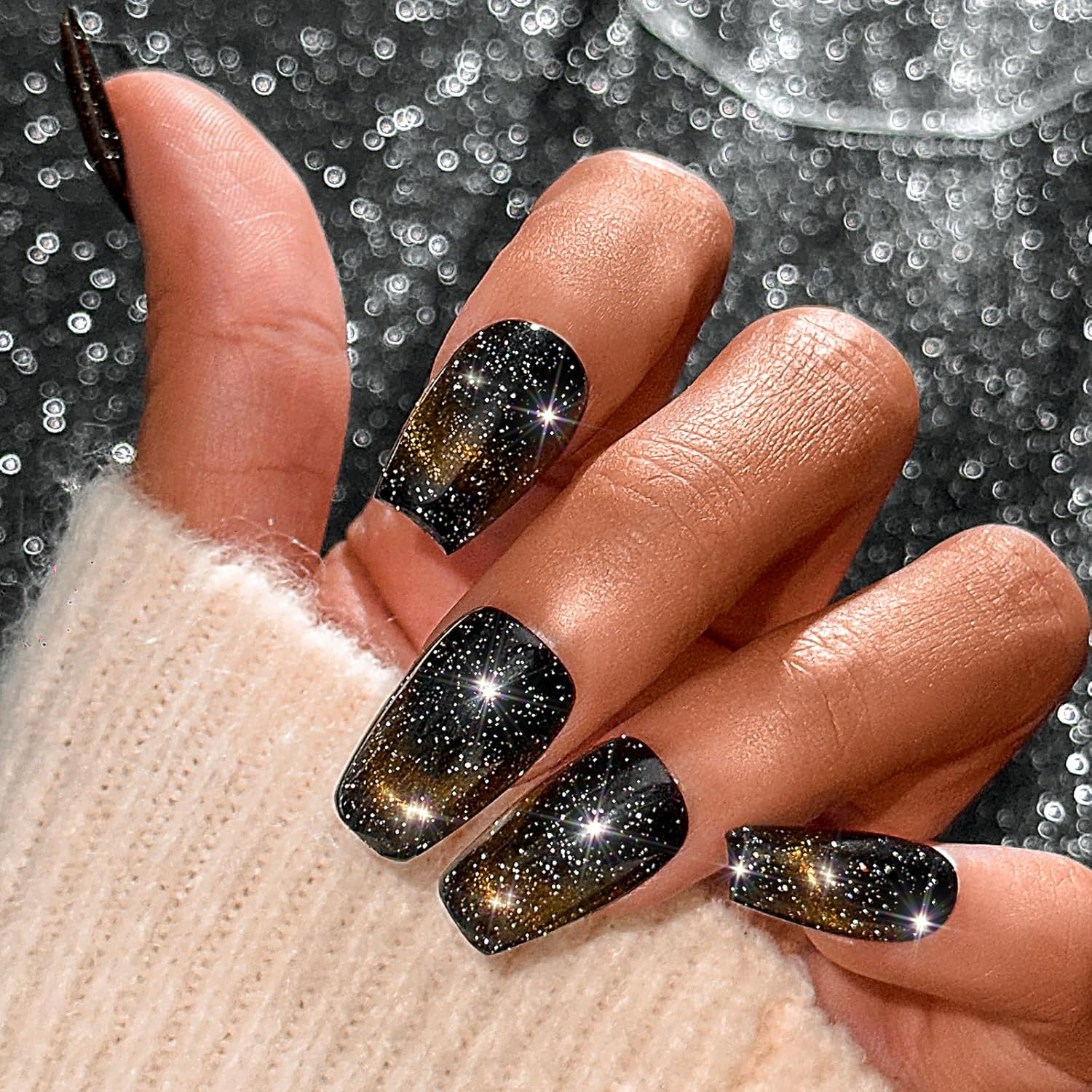Sethexy Handmade Black Cat Eye Gradient False Nails Sparkle French Medium Press on Nails Sparkle Shiny Acrylic False Fingernails Removable for Women and Girls image number 5