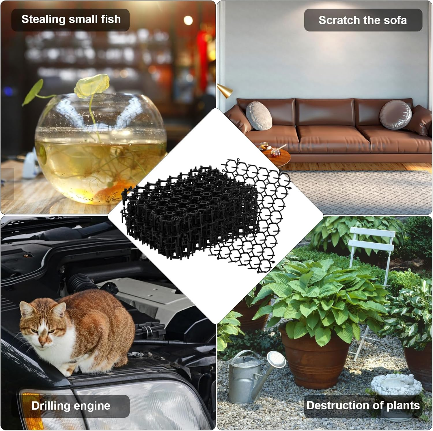 Thorn Grid against Cats, 12 Pieces Cat Protection Mat with Tips, Cat Repellent Mat, anti Cat Mat, Thorn Grid Animal Barrier with 12 Nails and 20 Cable Ties for the Garden