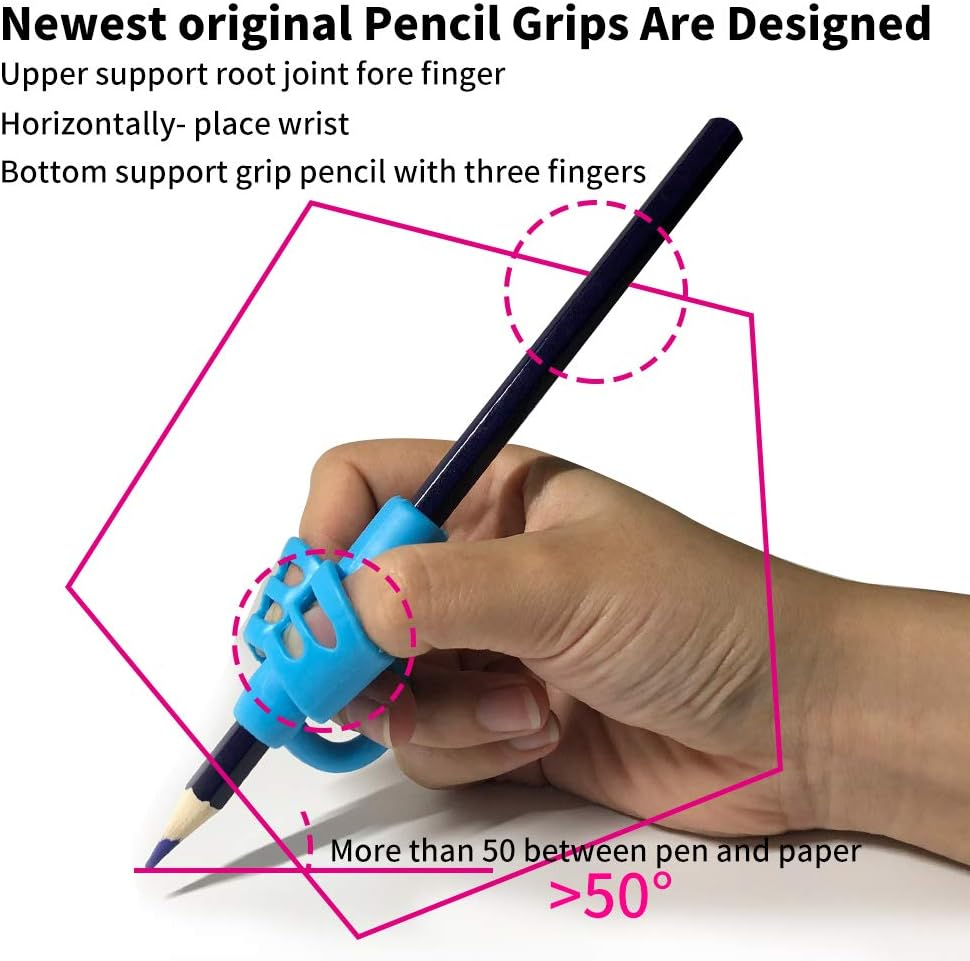 Pencil Grips（New, KOABBIT Children Pen Writing Aid Grip Set Posture Correction Tool for Kids Preschoolers Children,Hollow Ventilation Colorful (3 Pack) - Green,Orange,Blue image number 7